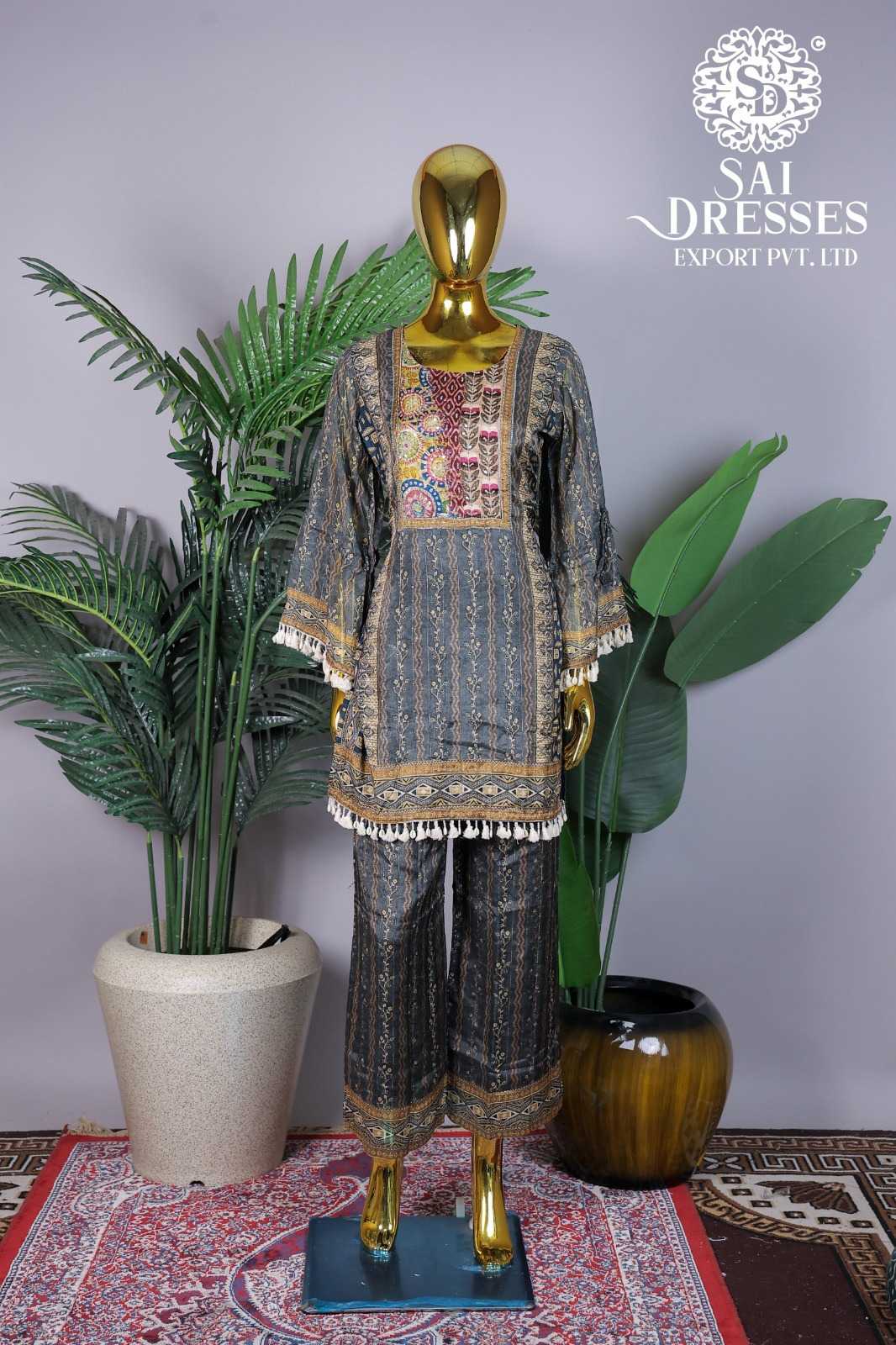 CHARCOAL GREY PRINTED STRAIGHT KURTI WITH PALAZZO SET