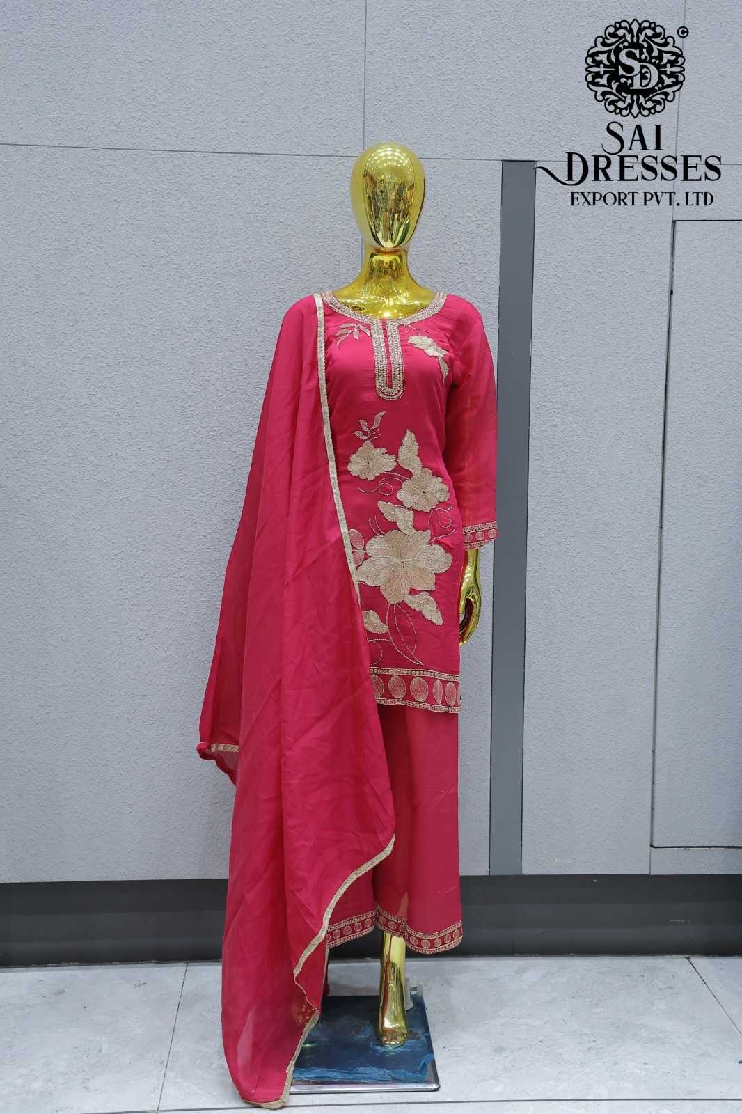 HOT PINK PRINTED SUIT WITH HEAVY FLORAL WORK AND MATCHING DUPATTA PANT SET