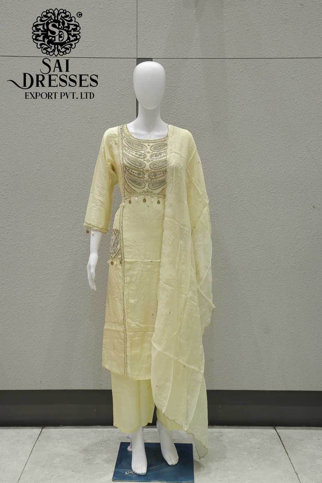 LIGHT YELLOW DOLLA SILK DESIGNER SUIT SET WITH HEAVY HANDWORK, ELEGANT DUPATTA AND BOTTOMWEAR