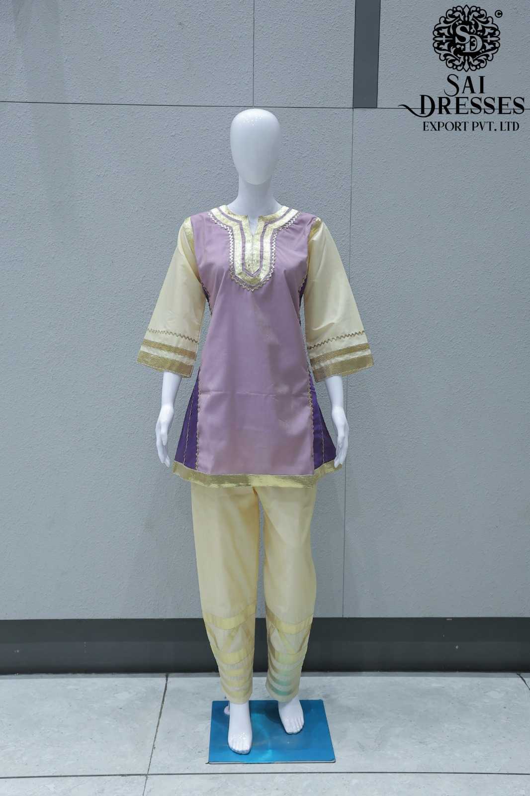 LILAC PURPLE AND CREAM DESIGNER KURTI PANT SET WITH GOLDEN DETAILING