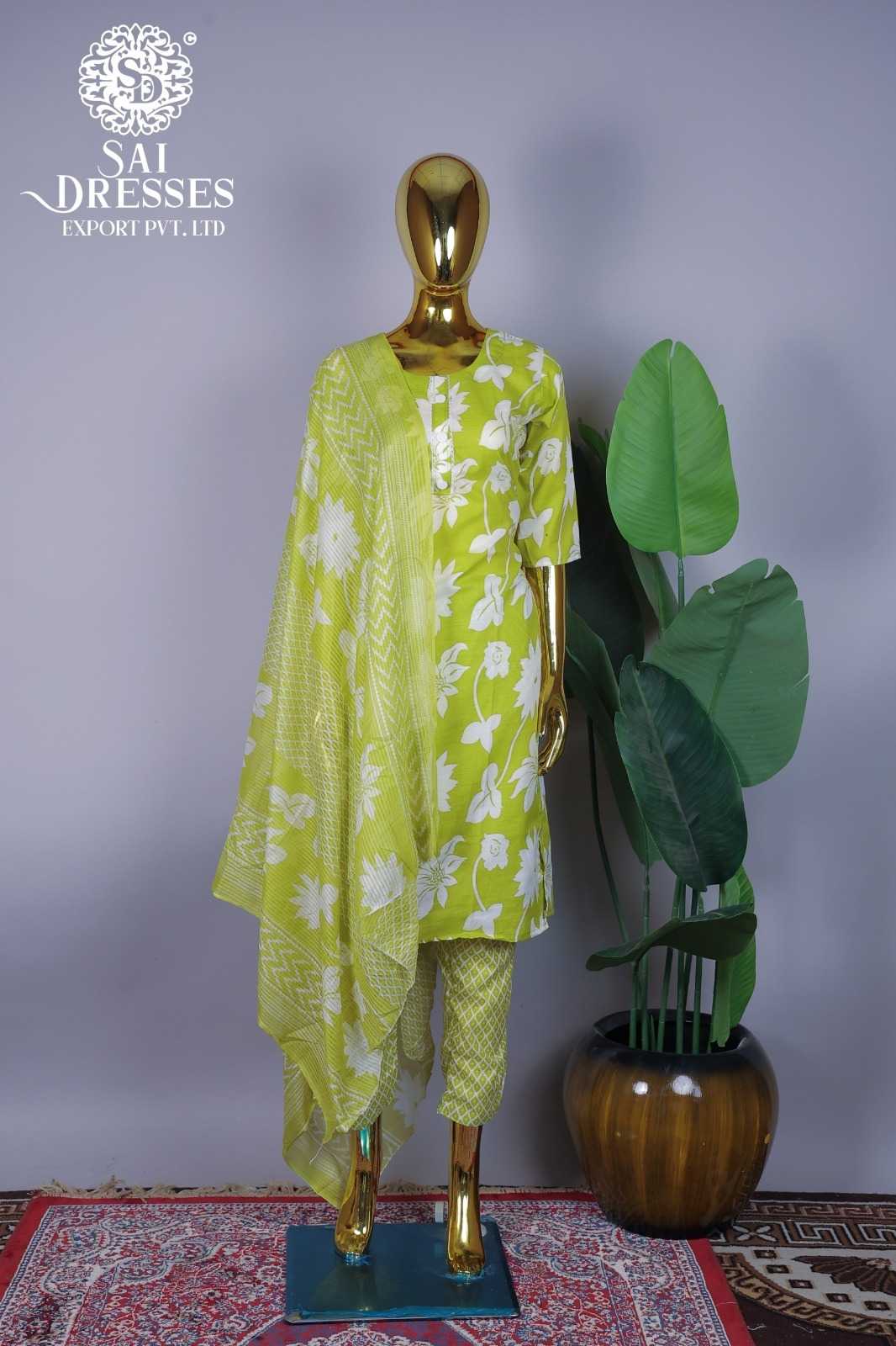 LIME GREEN FLORAL PRINTED SUIT WITH CONTRAST PRINT DUPATTA AND BOTTOM