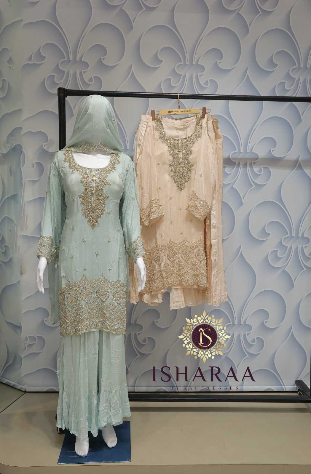 MINT GREEN HEAVY EMBROIDERED DESIGNER SHARARA SET WITH RICH NECK WORK AND ELEGANT OCCASION WEAR APPEAL