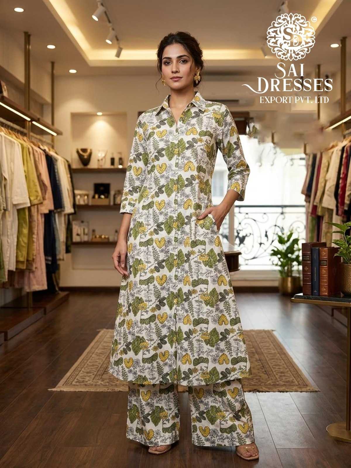 OFF WHITE LIVA REYON LEAF PRINTED DESIGNER KURTI PALAZZO SET