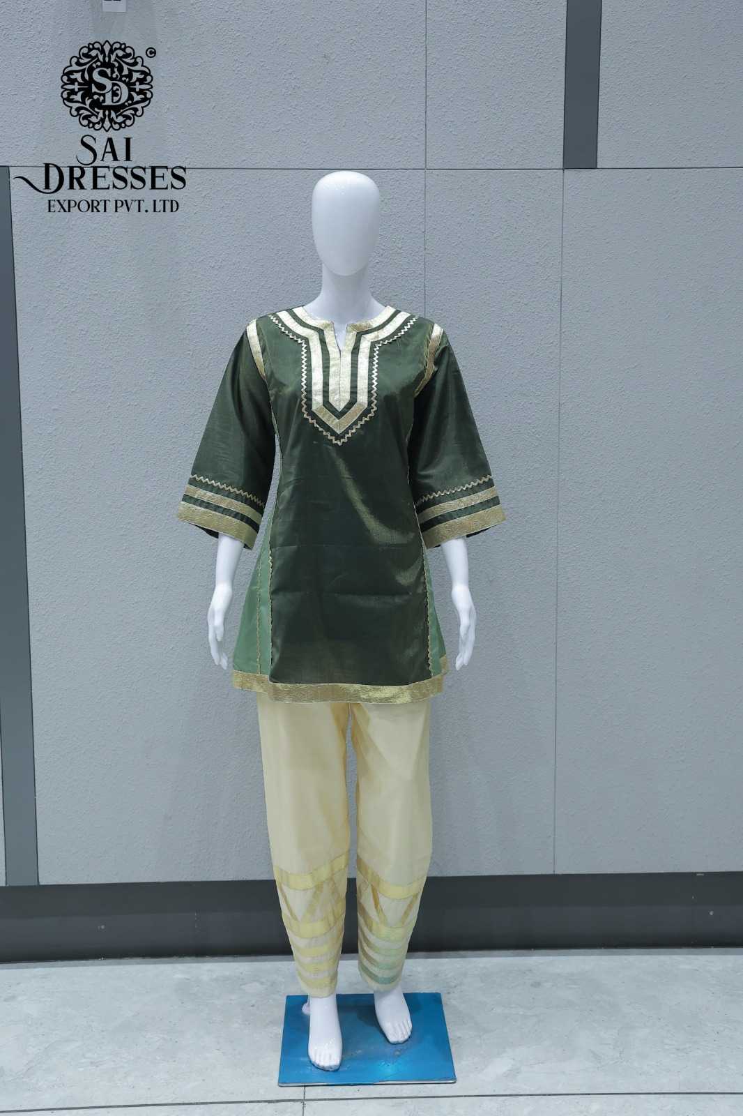 OLIVE GREEN AND CREAM DESIGNER KURTI PANT SET WITH GOLDEN DETAILING