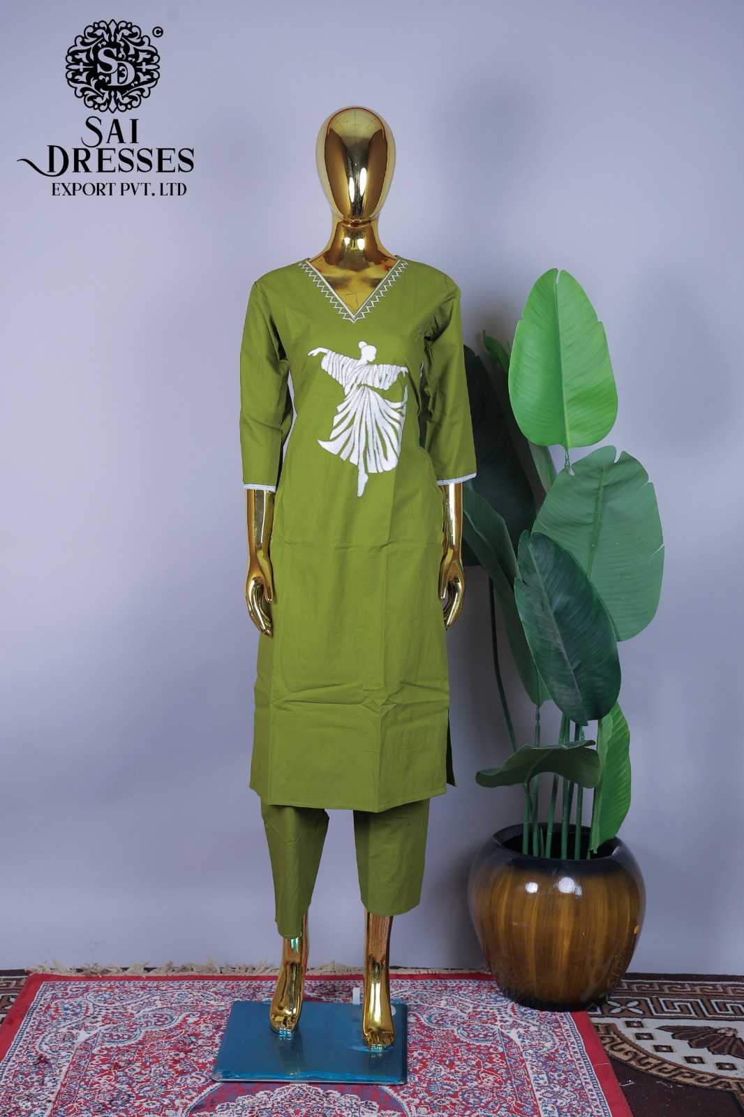 OLIVE GREEN DANCER APPLIQUE STRAIGHT KURTI WITH PANT SET