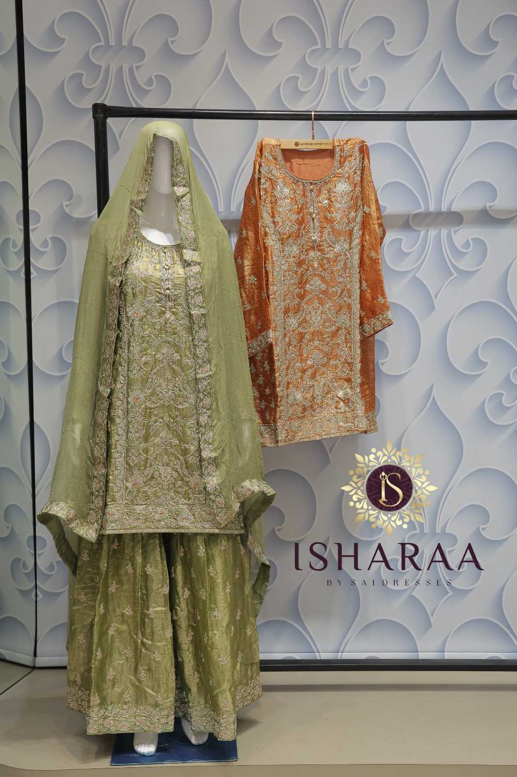 OLIVE GREEN HEAVY EMBROIDERED SHARARA SET WITH INTRICATE TRADITIONAL DETAILING AND ROYAL FESTIVE LOOK
