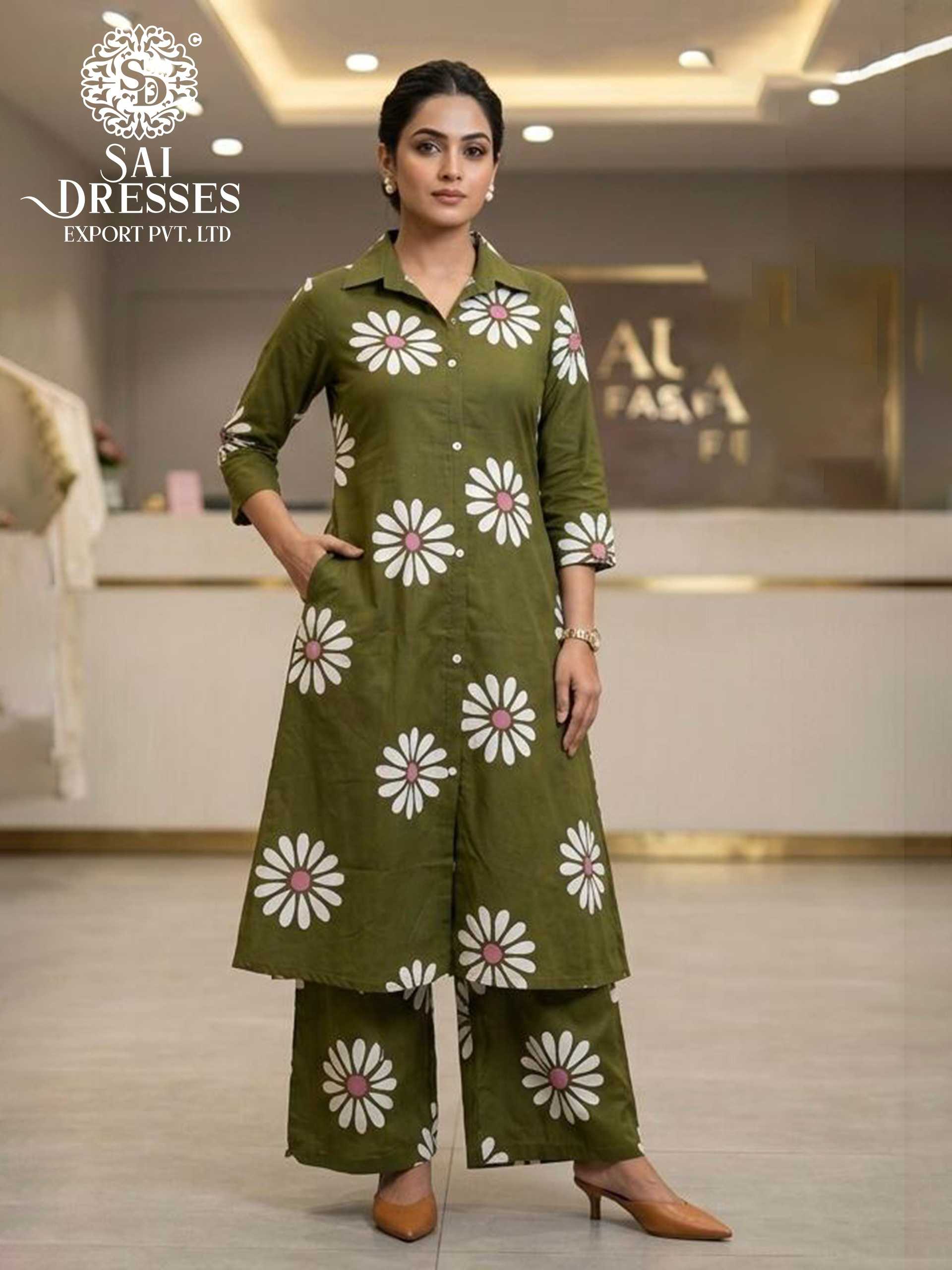 OLIVE GREEN LIVA REYON PRINTED DESIGNER KURTI PALAZZO SET
