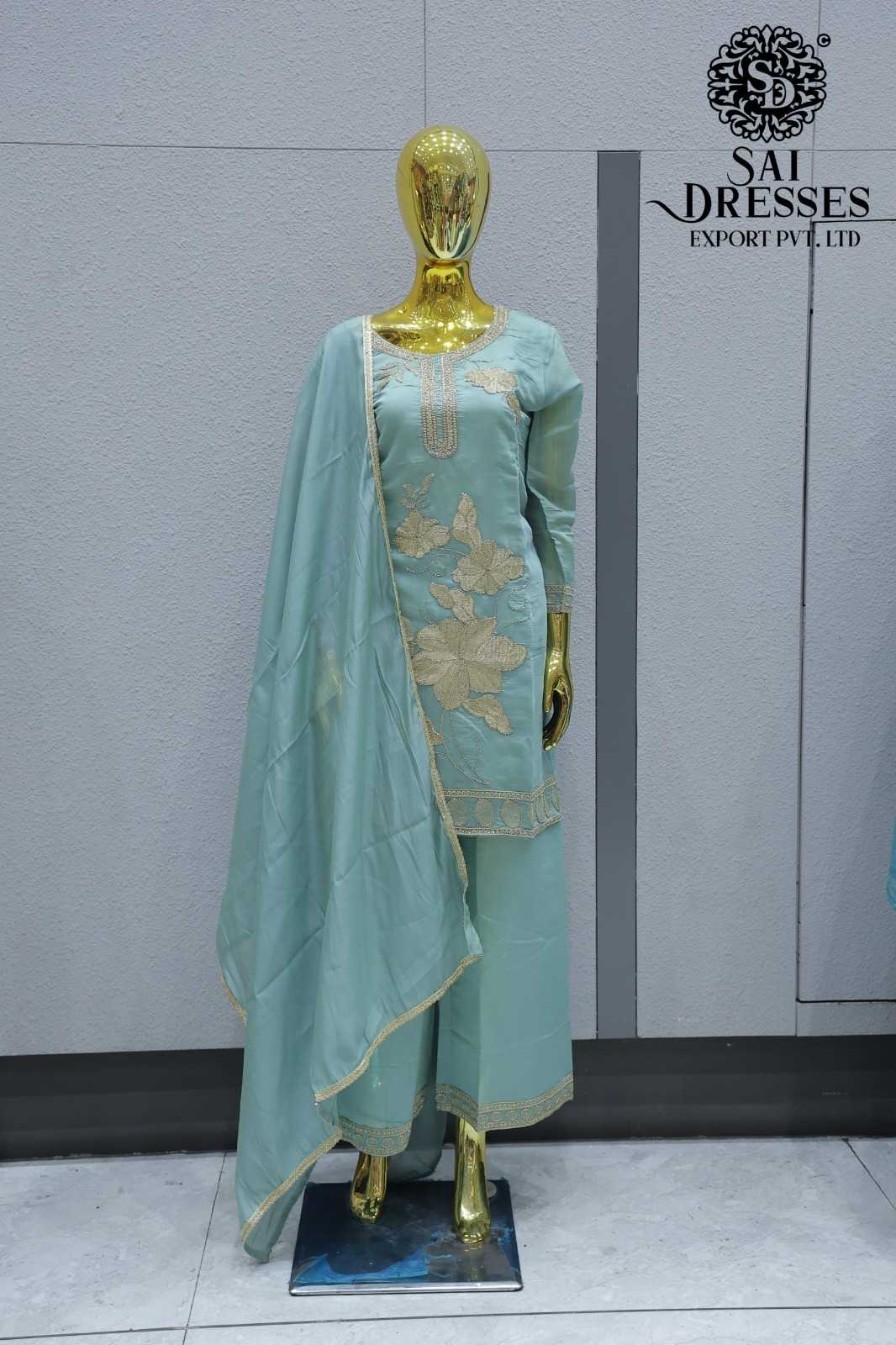 PASTEL AQUA SUIT WITH HEAVY FLORAL WORK AND MATCHING DUPATTA PANT SET