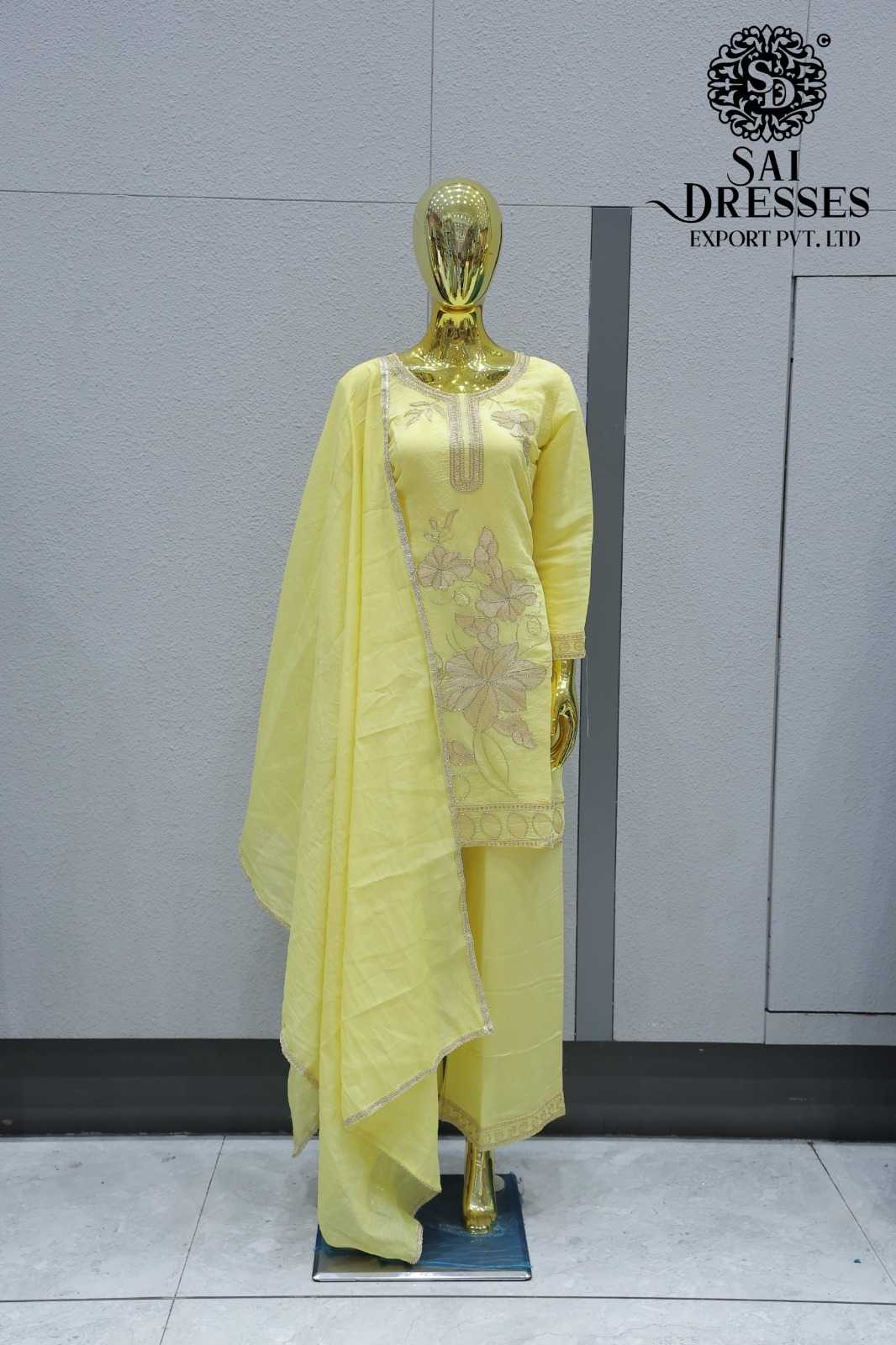 PASTEL YELLOW DESIGNER SUIT WITH SUBTLE FLORAL EMBROIDERY AND MATCHING DUPATTA