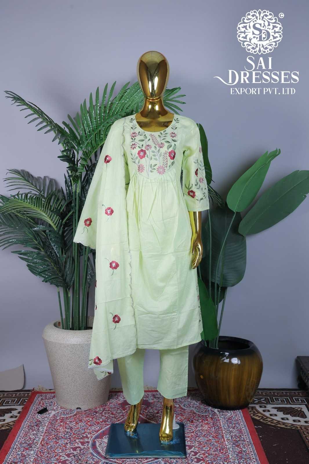 PISTA GREEN FLORAL EMBROIDERED DESIGNER SUIT WITH MATCHING DUPATTA