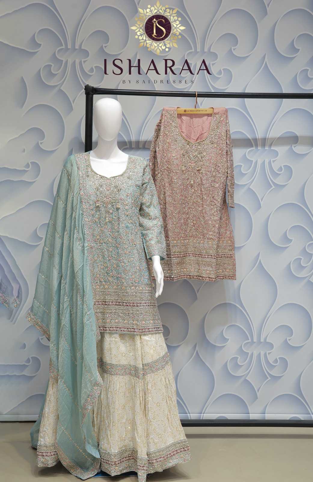 POWDER BLUE HEAVY EMBROIDERED DESIGNER SHARARA SET WITH LUXURIOUS DETAILING AND ELEGANT PARTYWEAR APPEAL