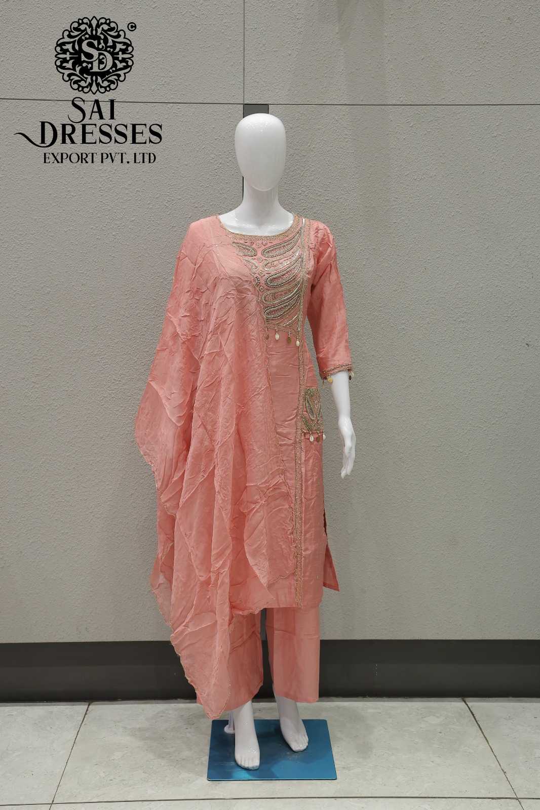 PREMIUM PEACH PINK DOLLA SILK SUIT SET WITH HEAVY HANDWORK AND MATCHING DUPATTA