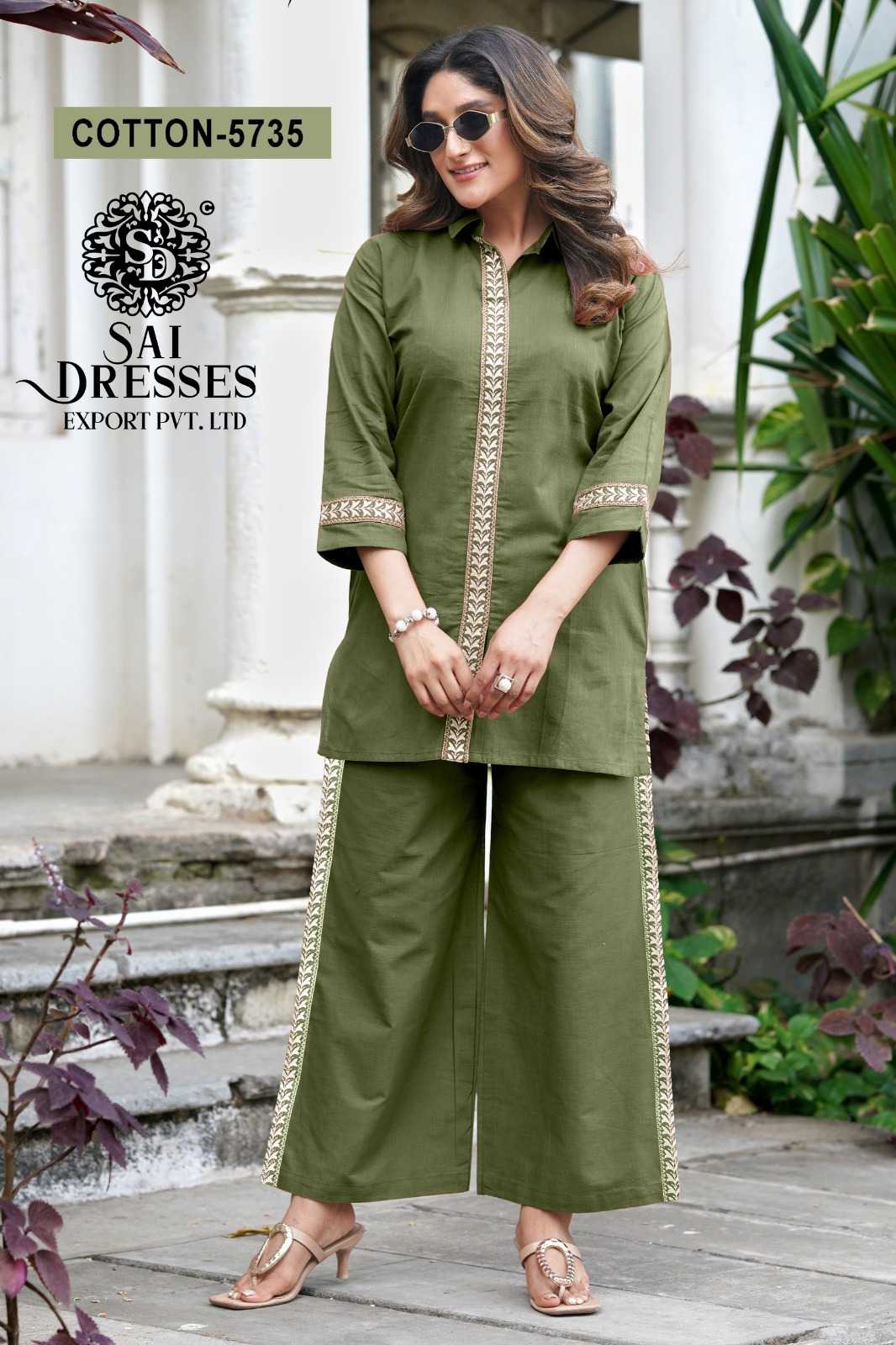 PURE SLUB COTTON DESIGNER CO-ORD SET WITH FRONT AND SLEEVE WORK IN OLIVE GREEN