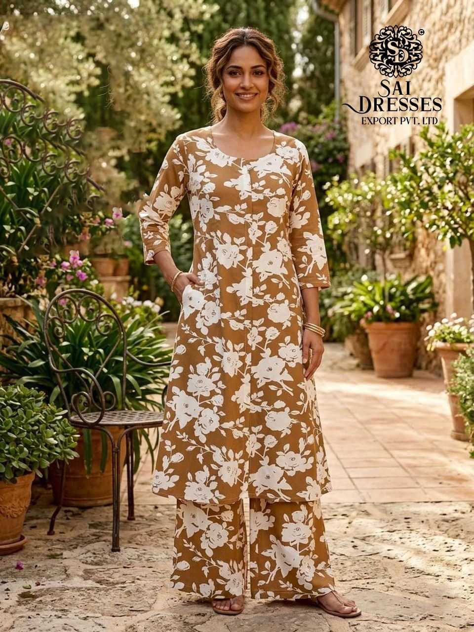 REYON DIGITAL PRINT FLORAL STRAIGHT KURTI WITH PALAZZO SET IN BEIGE