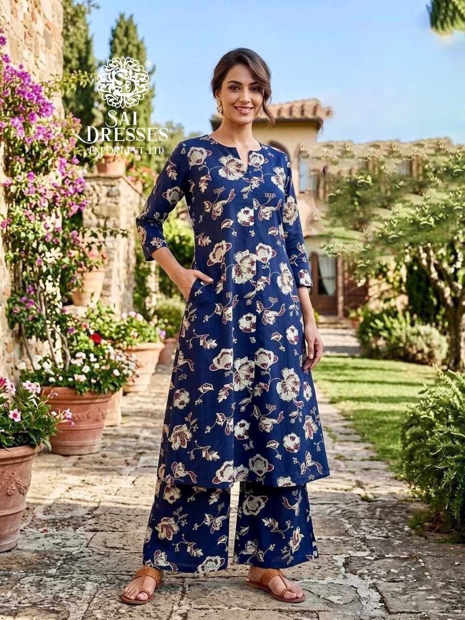 REYON DIGITAL PRINT FLORAL STRAIGHT KURTI WITH PALAZZO SET IN NAVY BLUE