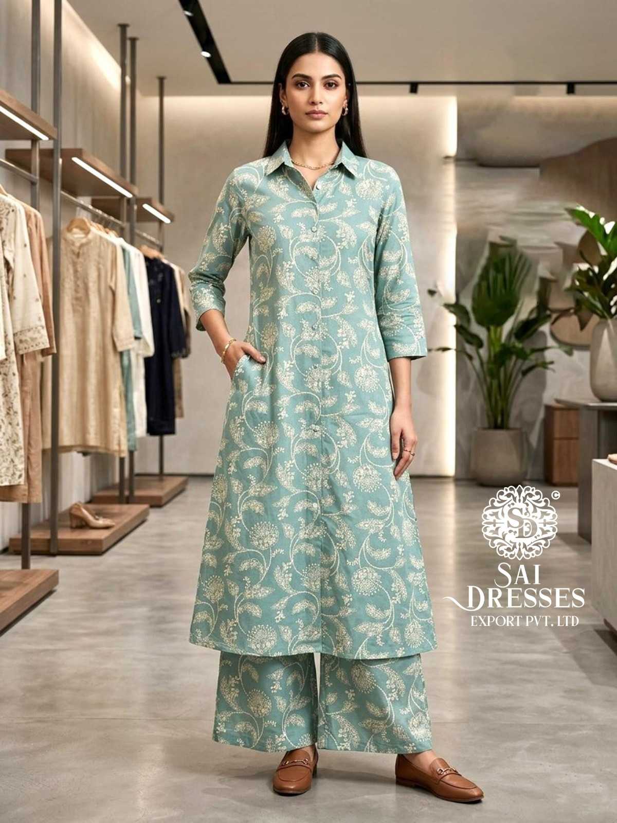 SEA GREEN LIVA REYON FLORAL PRINTED DESIGNER KURTI PALAZZO SET