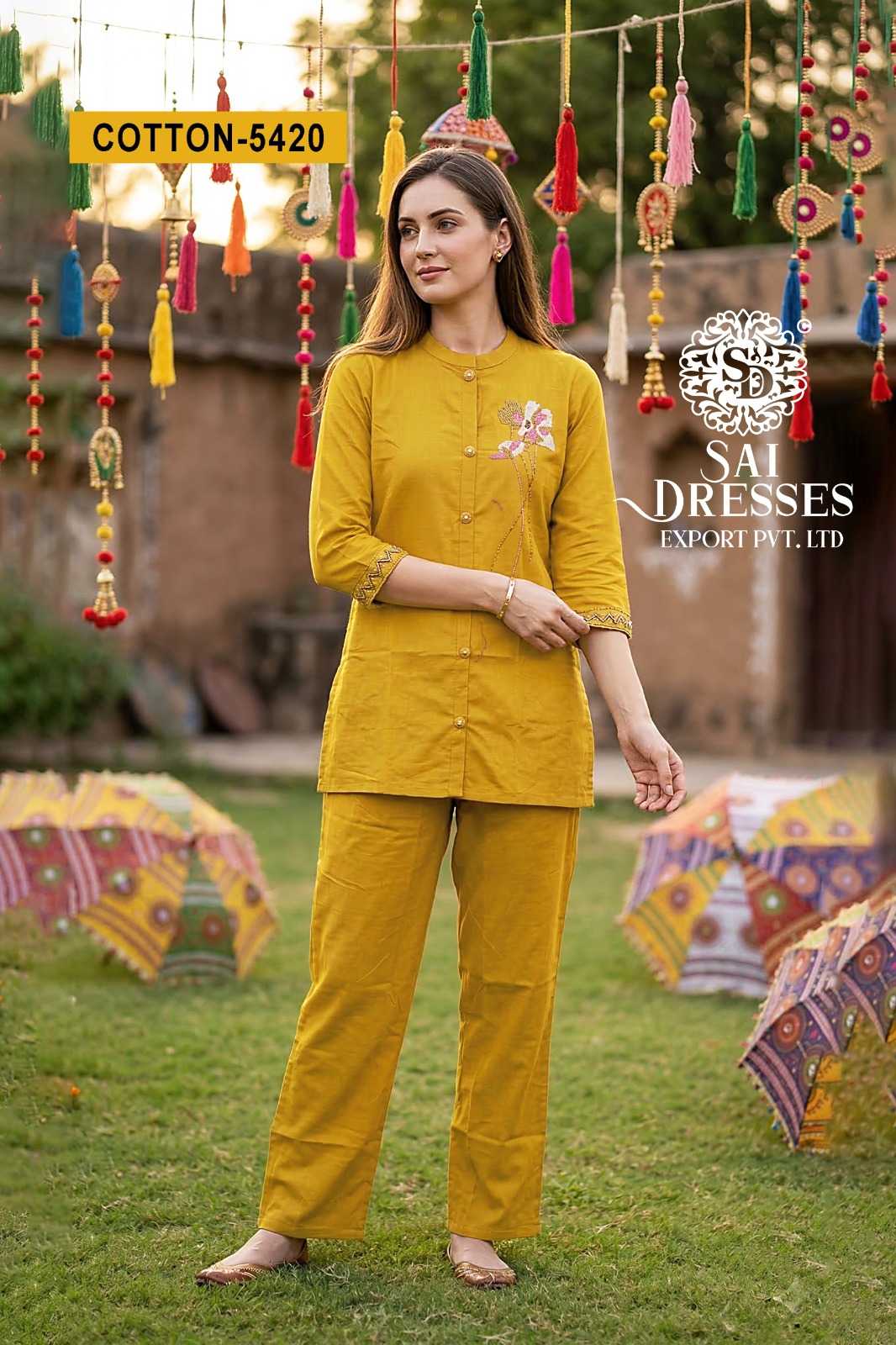SLUB COTTON DESIGNER CO-ORD SET WITH FLORAL HAND WORK - MUSTARD YELLOW