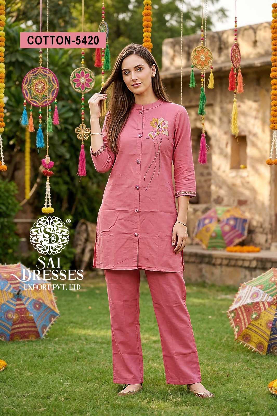 SLUB COTTON DESIGNER CO-ORD SET WITH FLORAL HAND WORK - PINK