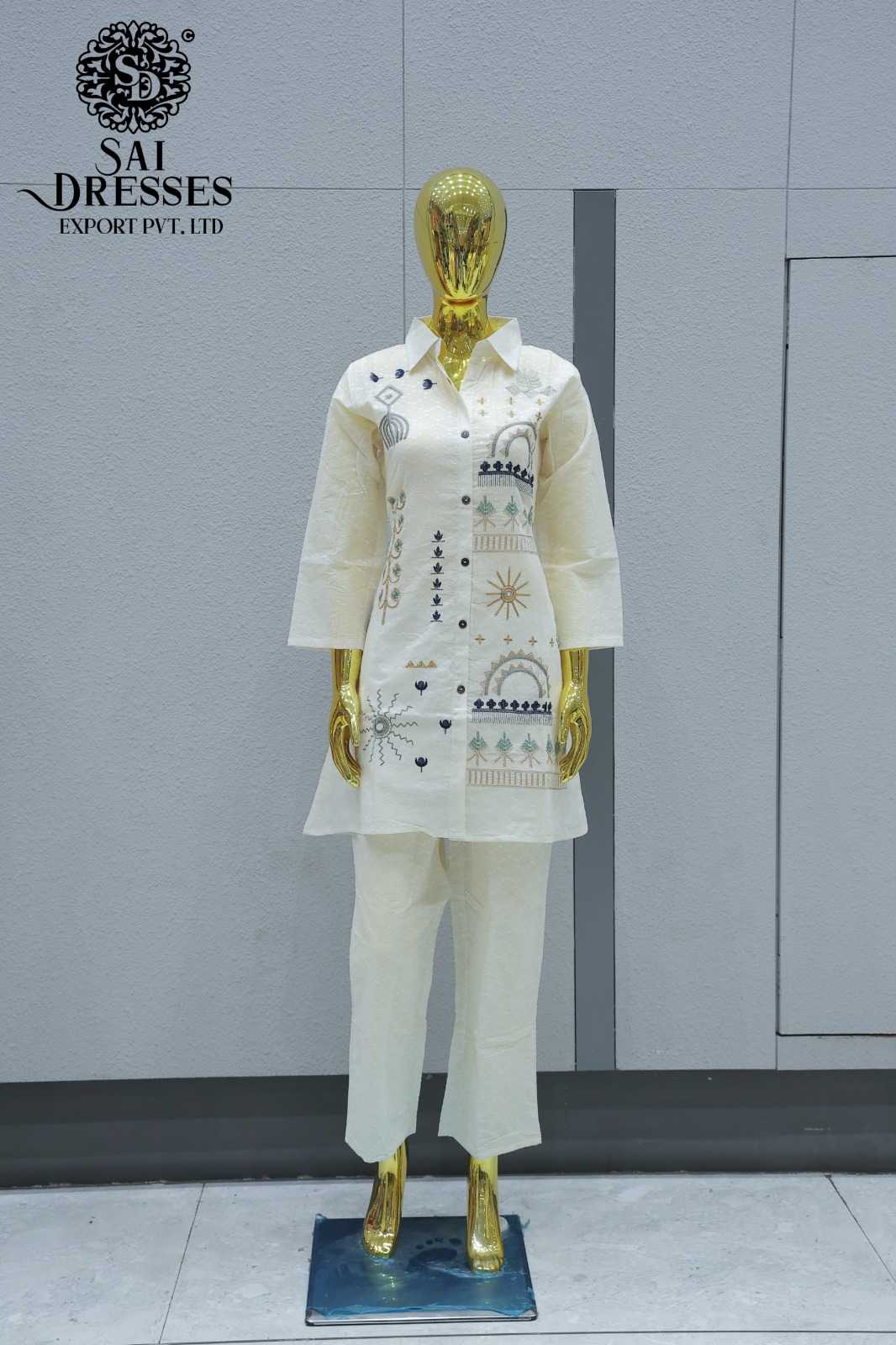 SLUB COTTON DESIGNER KURTI SET WITH ABSTRACT TRIBAL & GEOMETRIC EMBROIDERY IN OFF WHITE WITH BLUE & BEIGE TONES