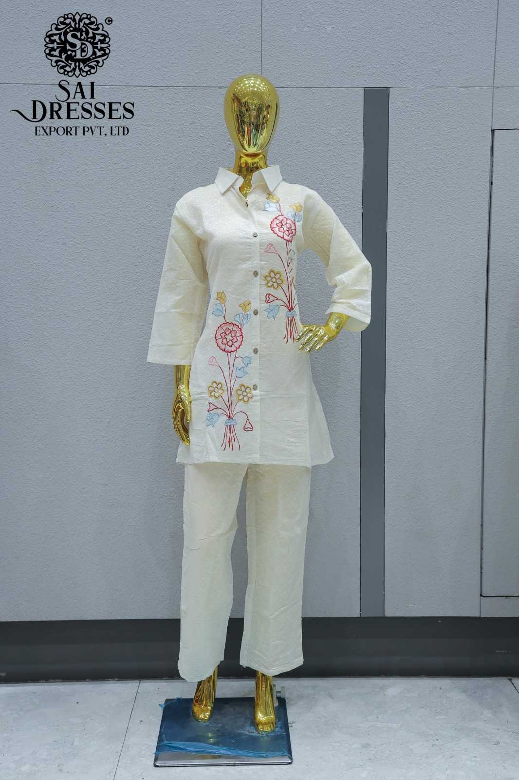 SLUB COTTON PREMIUM KURTI SET WITH VERTICAL FLORAL STEM EMBROIDERY IN OFF WHITE WITH RED & YELLOW FLOWER WORK