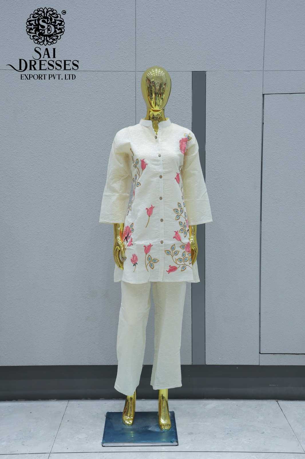 SLUB COTTON STYLISH KURTI SET WITH MULTICOLOR FLORAL EMBROIDERY IN OFF WHITE WITH PINK & SKY BLUE DETAILS