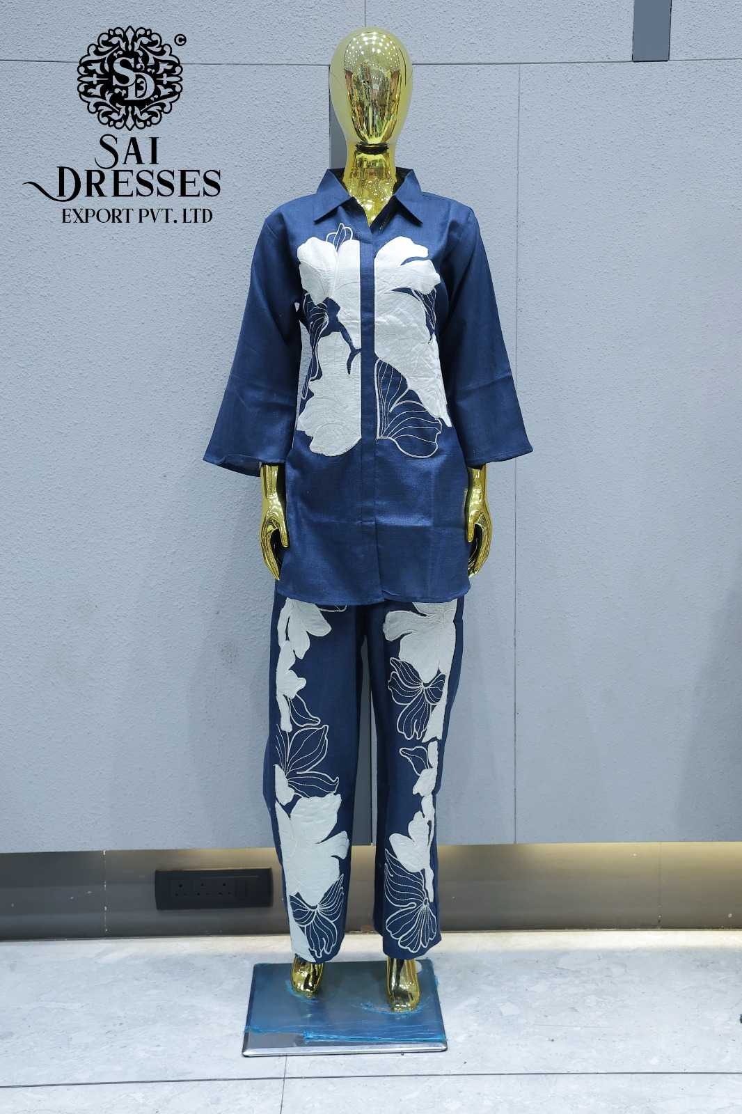 STEEL BLUE APPLIQUE WORK SHIRT WITH PANT CO ORD SET