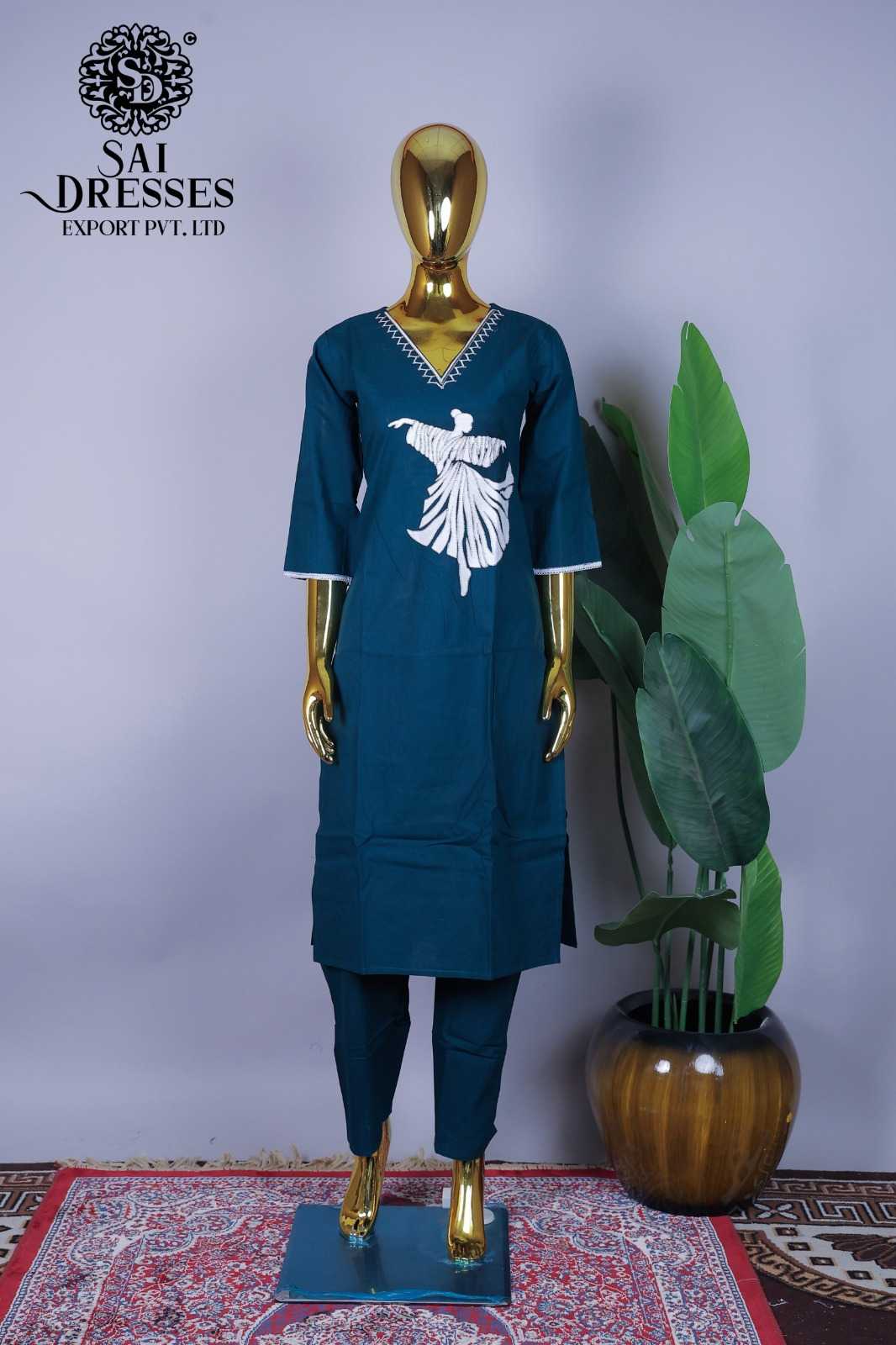 TEAL BLUE DANCER APPLIQUE STRAIGHT KURTI WITH PANT SET