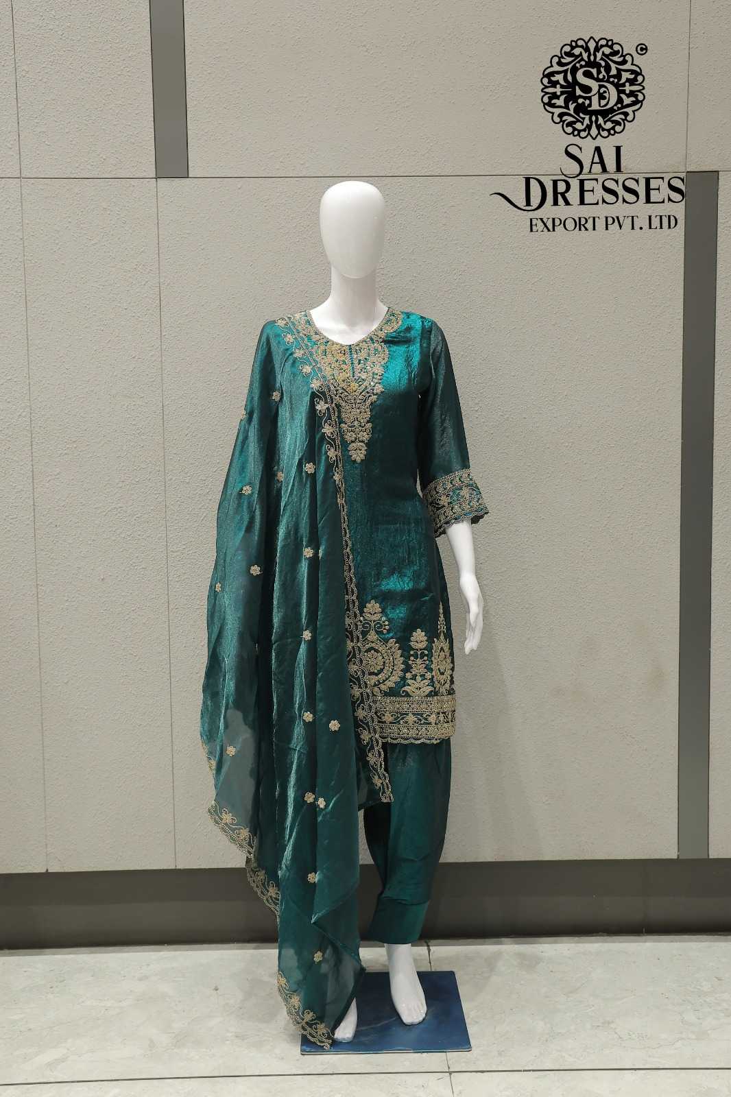 WOMEN’S FANDY FABRIC HEAVY EMBROIDERY WORK SALWAR SUIT WITH MATCHING DUPATTA IN TEAL GREEN