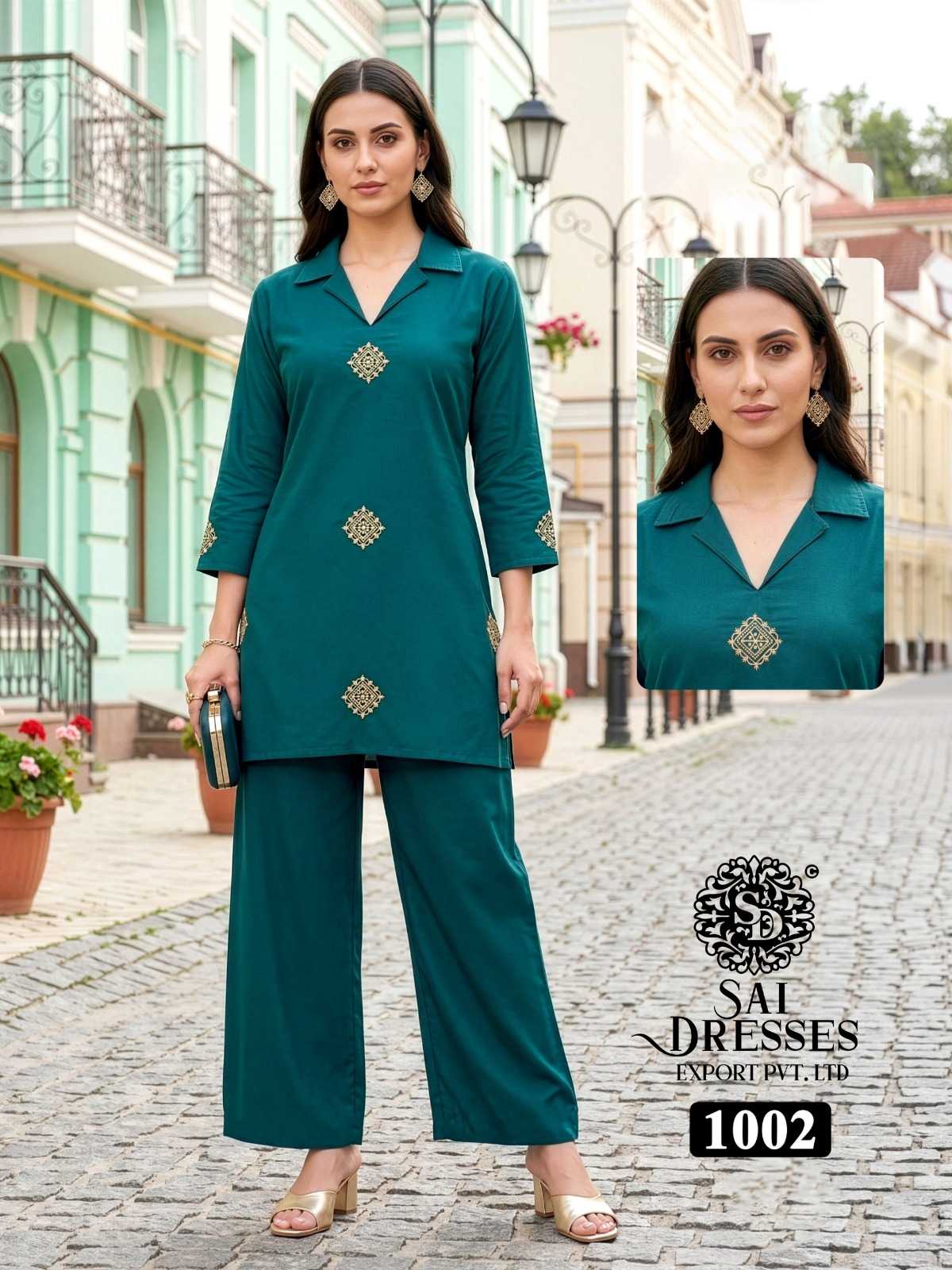 WOMEN’S HEAVY DHABU COTTON EMBROIDERY WORK STRAIGHT KURTI WITH PANT SET IN TEAL GREEN