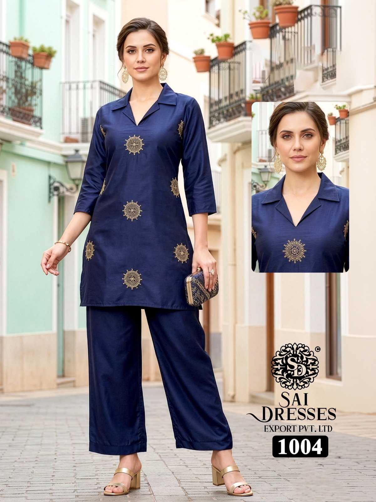 WOMEN'S HEAVY DHABU COTTON KURTI WITH EMBROIDERY WORK AND MATCHING PANT SET IN NAVY BLUE COLOR