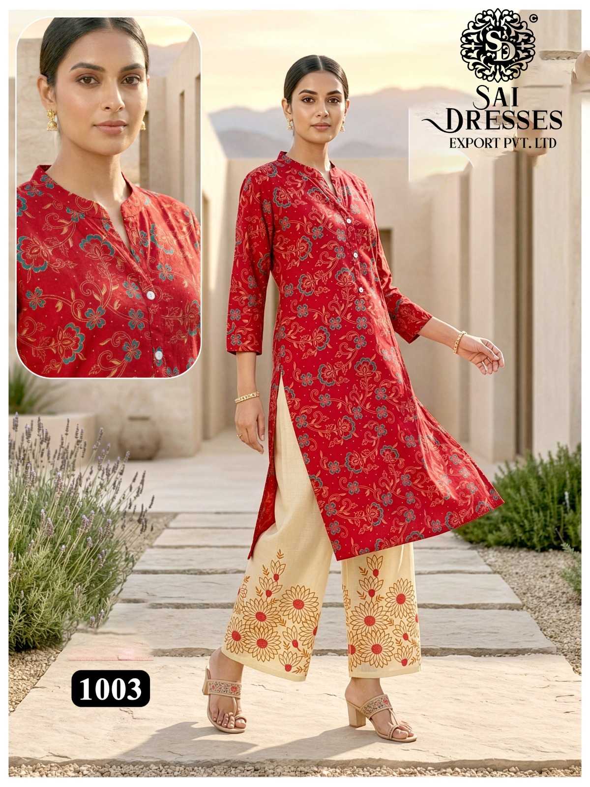 WOMEN'S HEAVY REYON DIGITAL PRINTED KURTI WITH PRINTED PALAZZO PANT SET IN RED COLOR