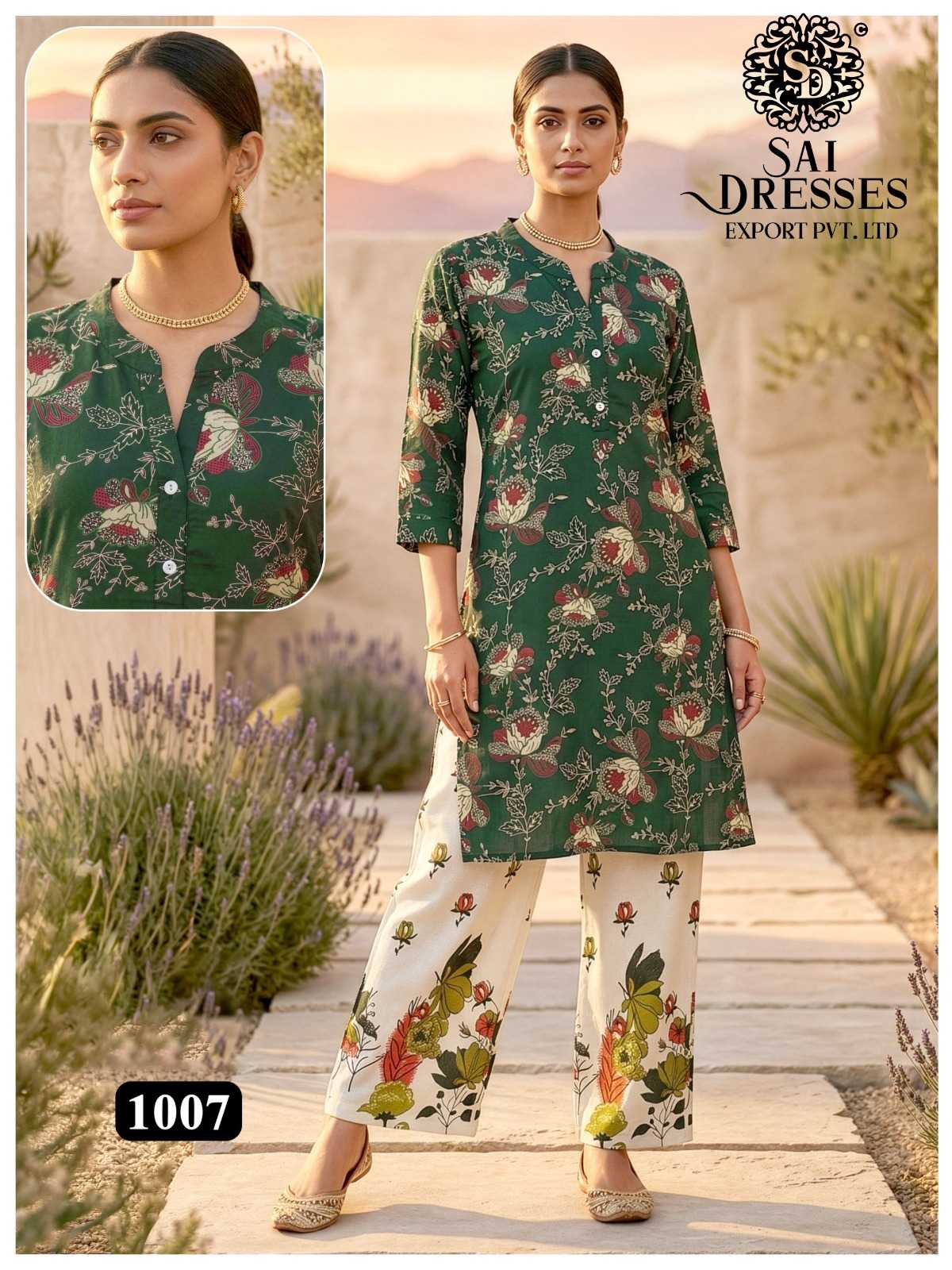 WOMEN'S HEAVY REYON DIGITAL PRINTED STRAIGHT KURTI WITH PRINTED PALAZZO PANT SET IN GREEN COLOR