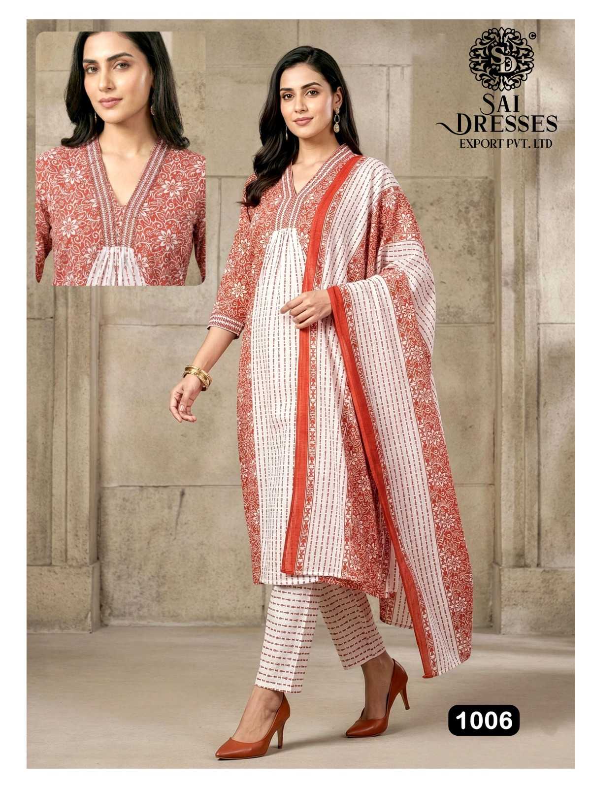 WOMEN’S PURE COTTON DIGITAL PRINT STRAIGHT KURTI PANT WITH MATCHING DUPATTA SET IN RUST ORANGE