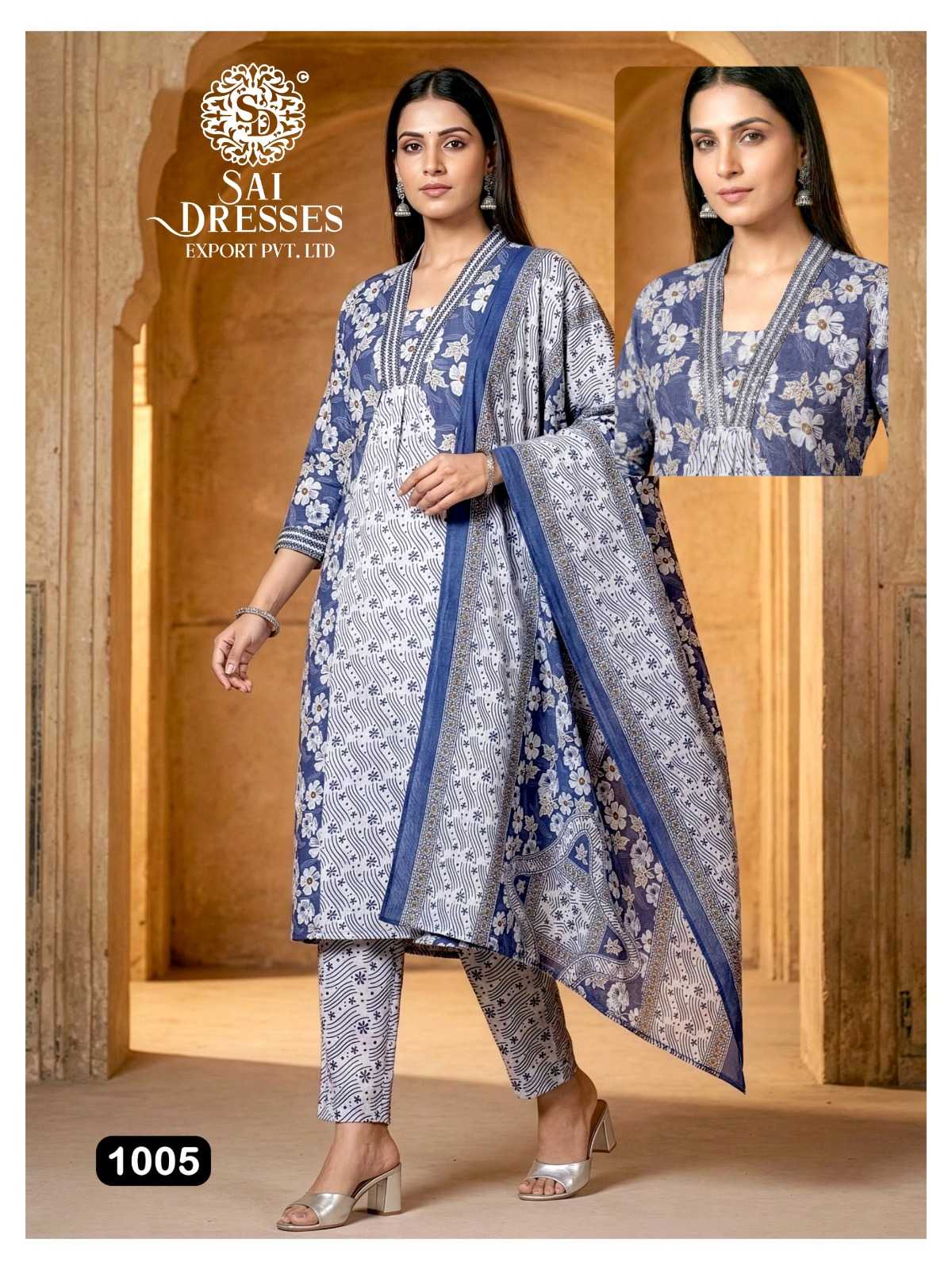 WOMEN’S PURE COTTON DIGITAL PRINT STRAIGHT KURTI PANT WITH MATCHING DUPATTA SET IN STEEL BLUE