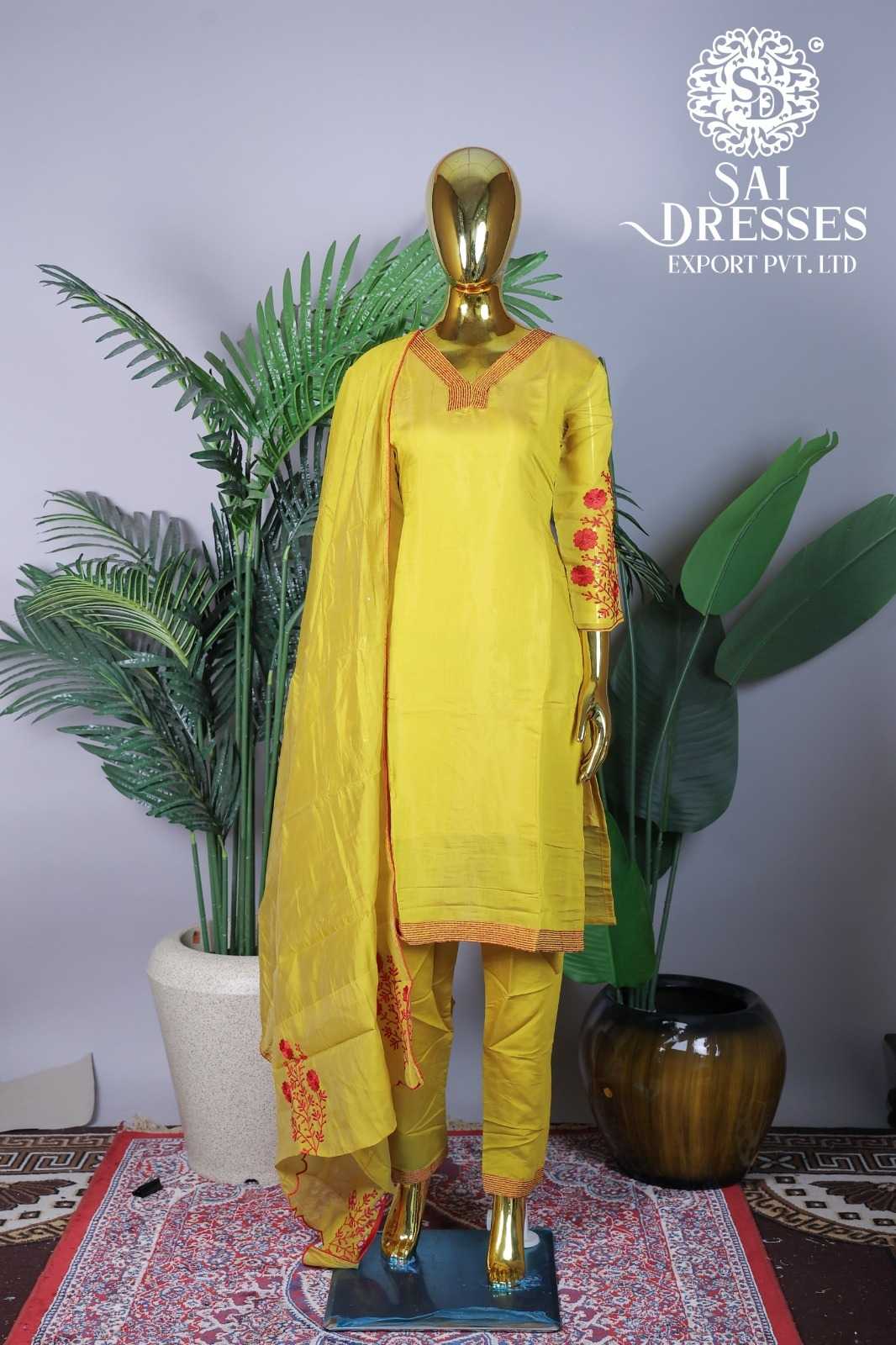 YELLOW DESIGNER STRAIGHT SUIT WITH EMBROIDERED SLEEVES AND MATCHING DUPATTA