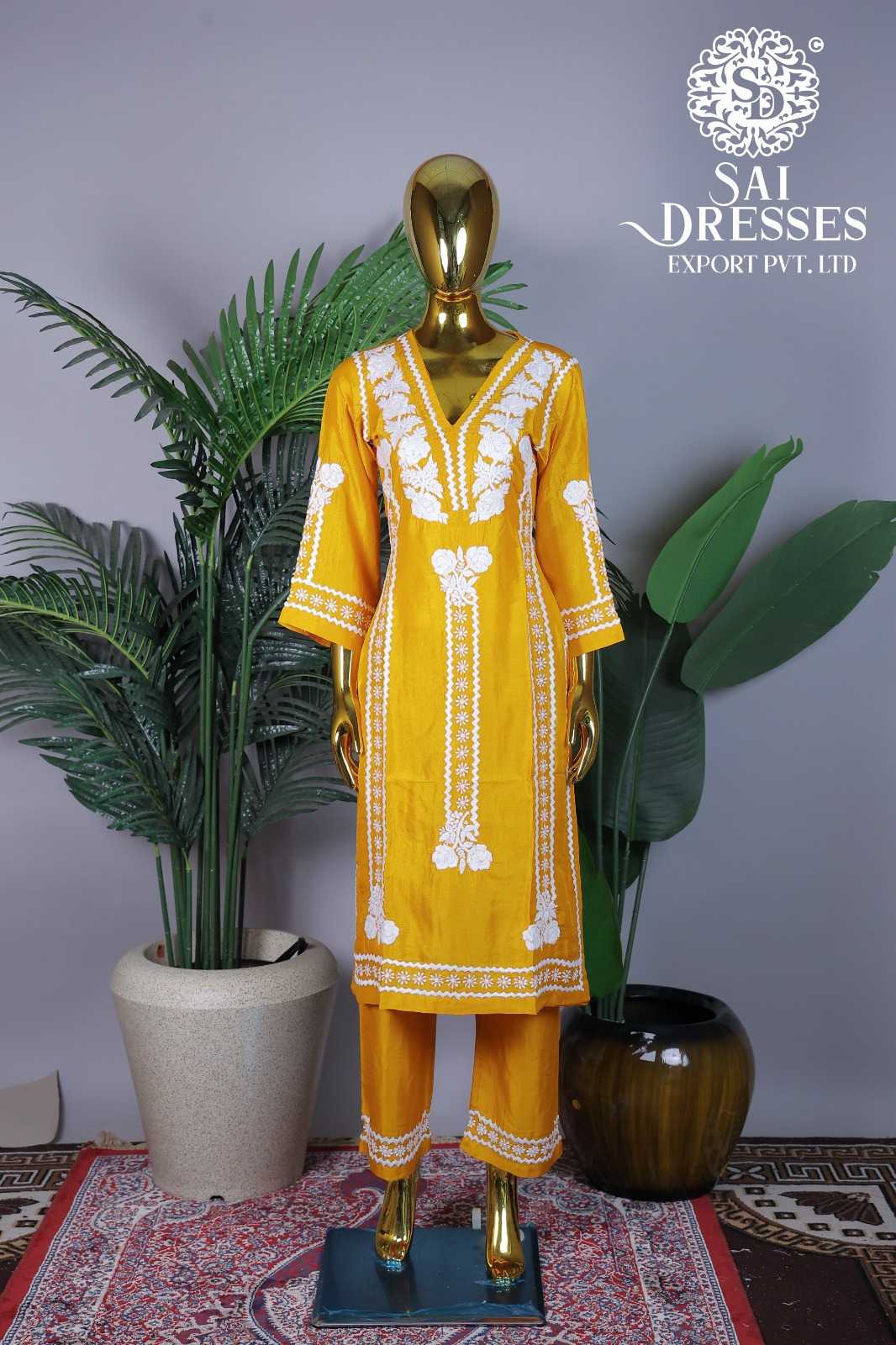 YELLOW LAKHNAVI WORK STRAIGHT KURTI WITH PANT SET
