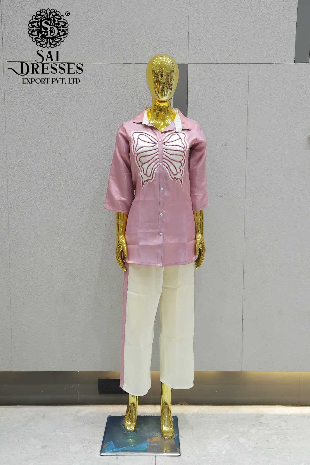 BABY PINK BUTTERFLY EMBROIDERED SHIRT STYLE CO-ORD SET