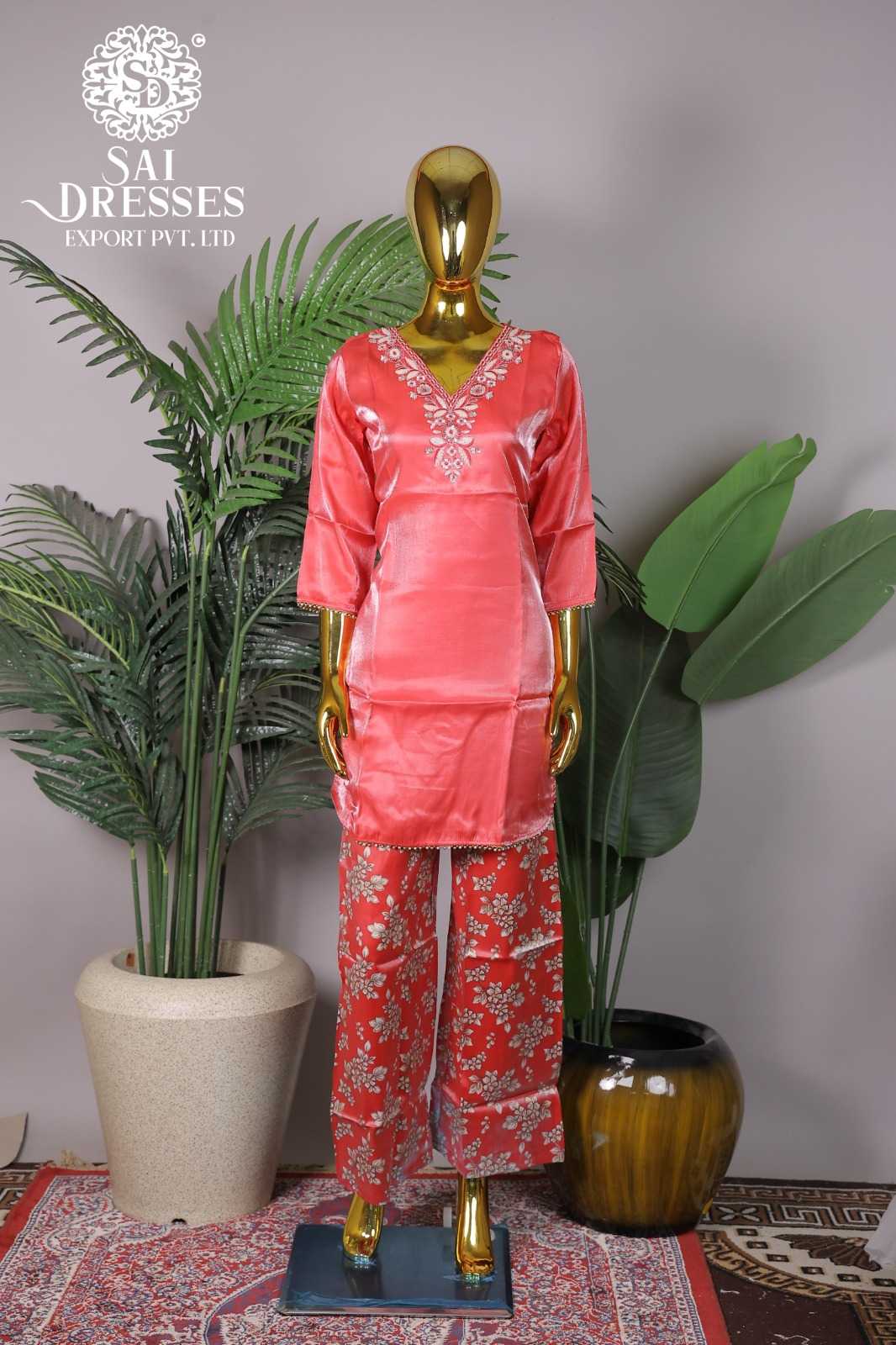 CORAL PINK SATIN PRINTED CO-ORD SET WITH NECK EMBROIDERY