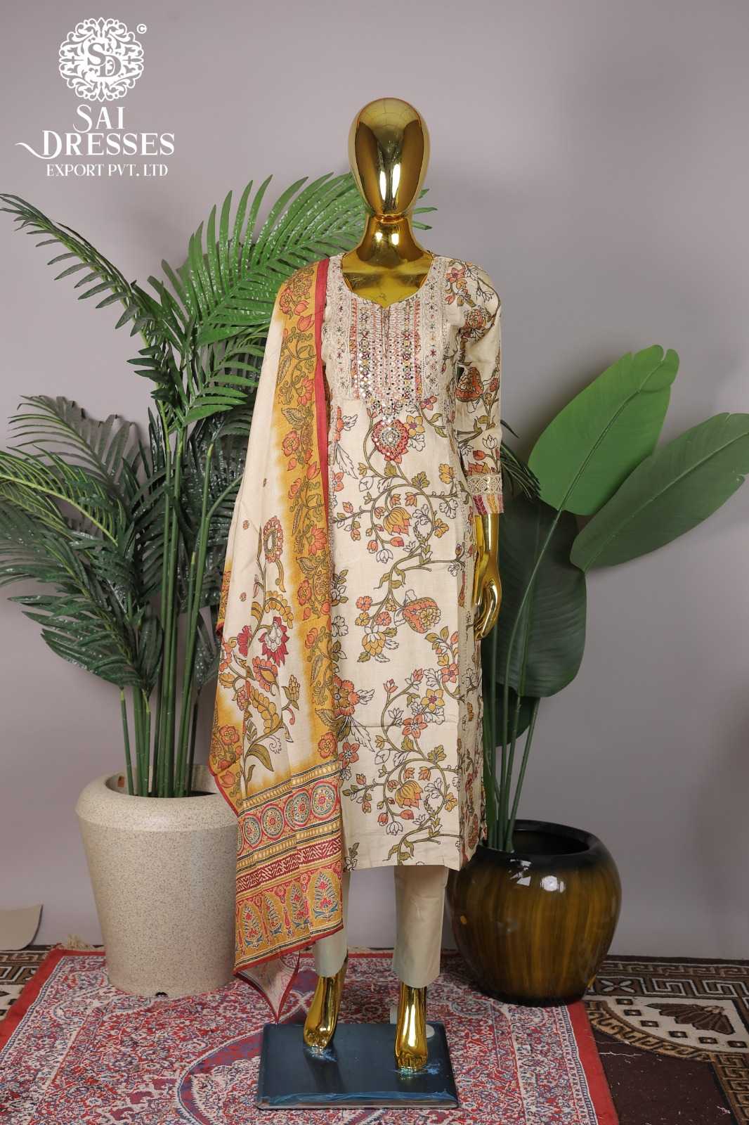CREAM MULTI PRINTED SUIT WITH CONTRAST DUPATTA AND PANT SET