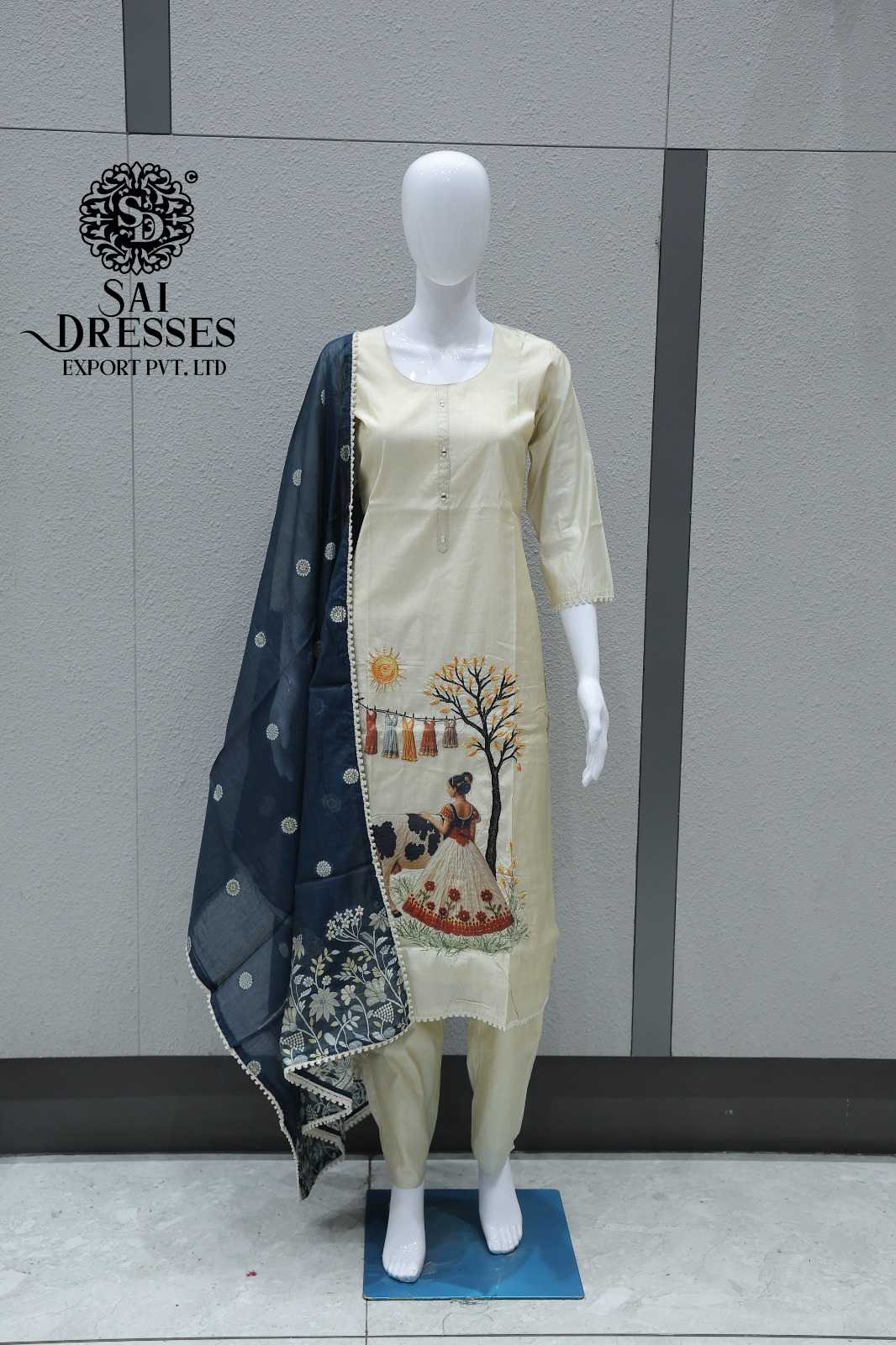 CREAM STORY PRINTED SUIT SET WITH NAVY BLUE DUPATTA