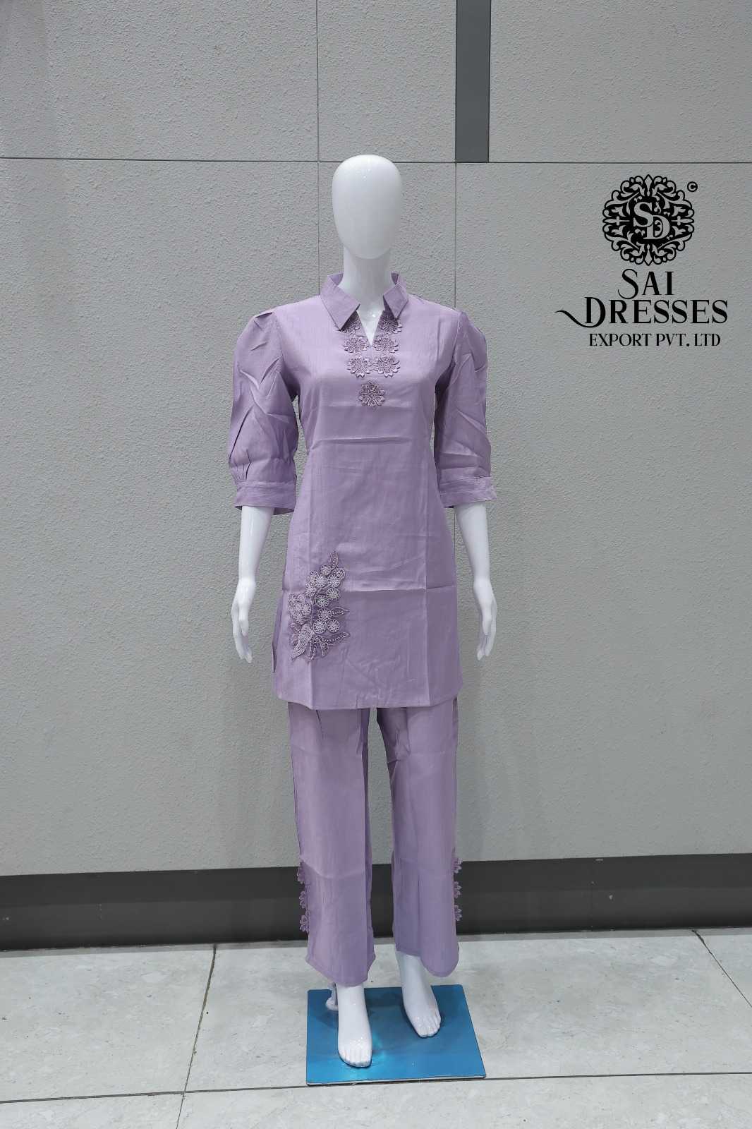 LAVENDER PURPLE SOFT SILK CO-ORD SET WITH FLOWER EMBELLISHMENT