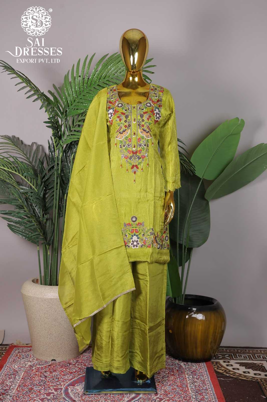 MEHENDI GREEN SUIT WITH MULTI FLORAL WORK AND MATCHING DUPATTA PANT SET