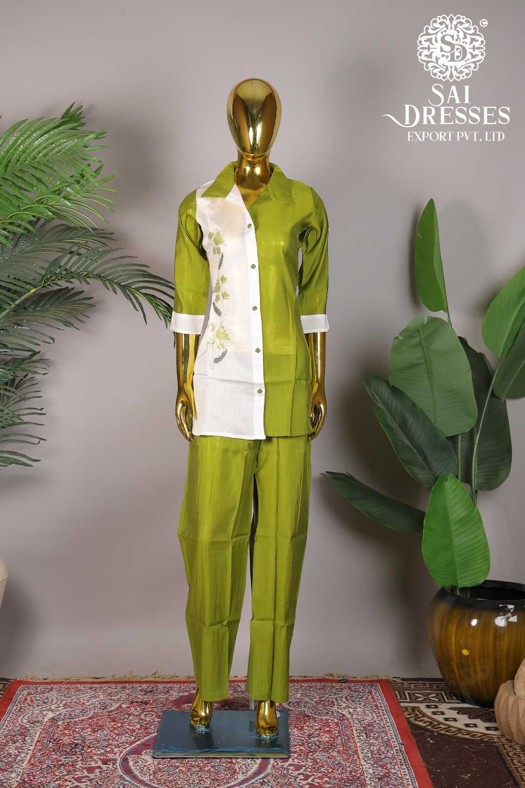 OLIVE GREEN & WHITE SHIRT STYLE CO-ORD SET WITH FLORAL PRINT