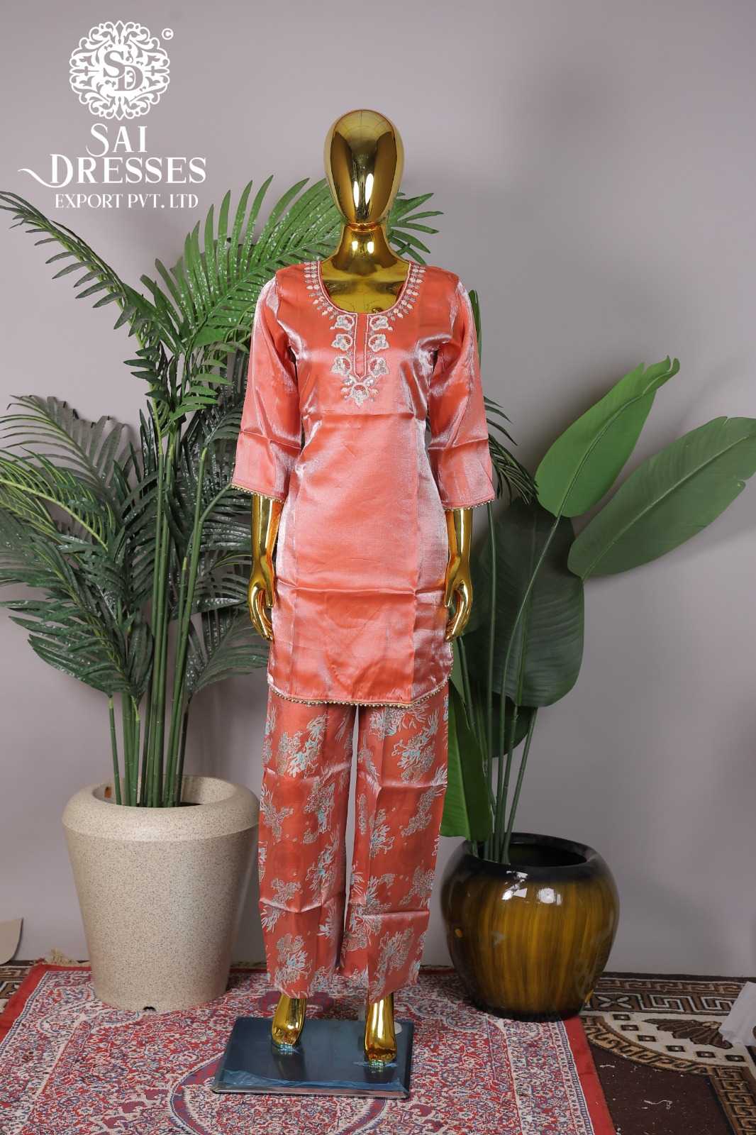 PEACH ORANGE SATIN PRINTED CO-ORD SET WITH EMBROIDERY WORK