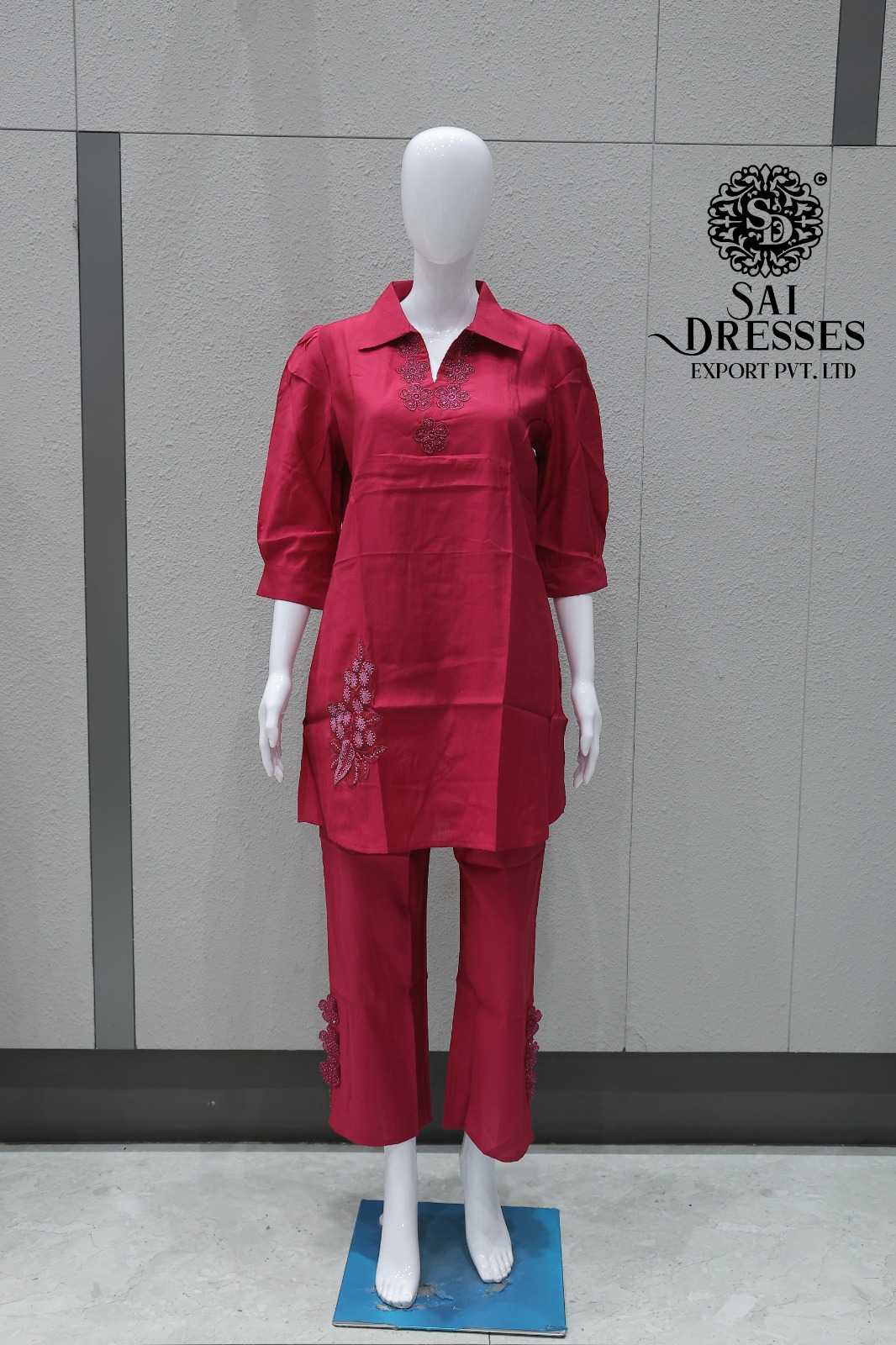 RANI PINK DESIGNER CO-ORD SET WITH FLORAL HANDWORK AND COLLAR NECK