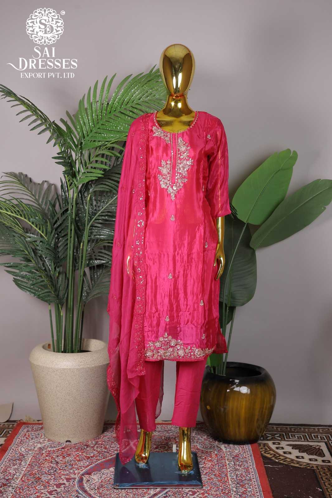 RANI PINK SUIT WITH HEAVY WORK AND MATCHING DUPATTA PANT SET