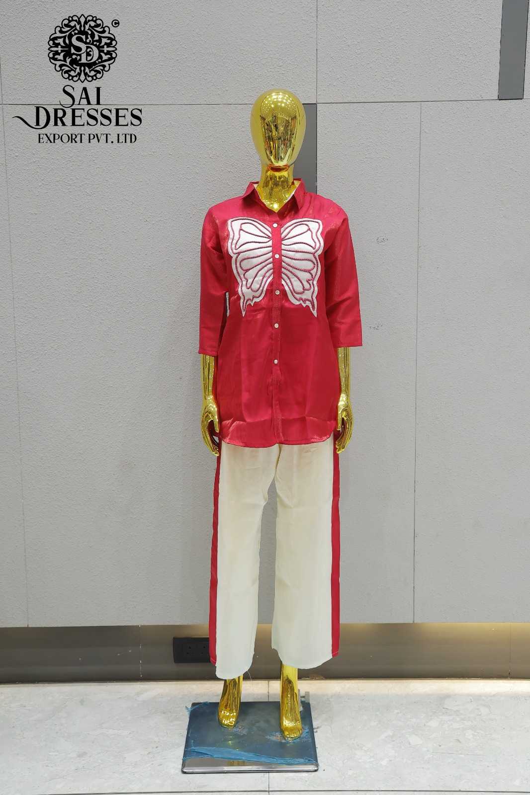RED BUTTERFLY EMBROIDERED SHIRT STYLE CO-ORD SET