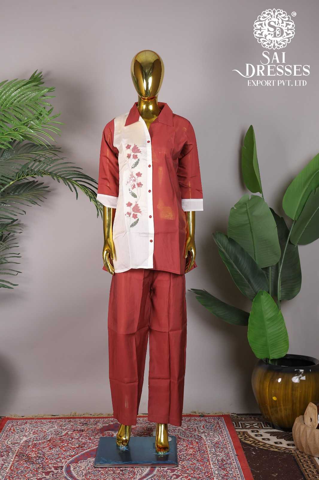 RUST RED & WHITE SHIRT STYLE CO-ORD SET WITH FLORAL PRINT