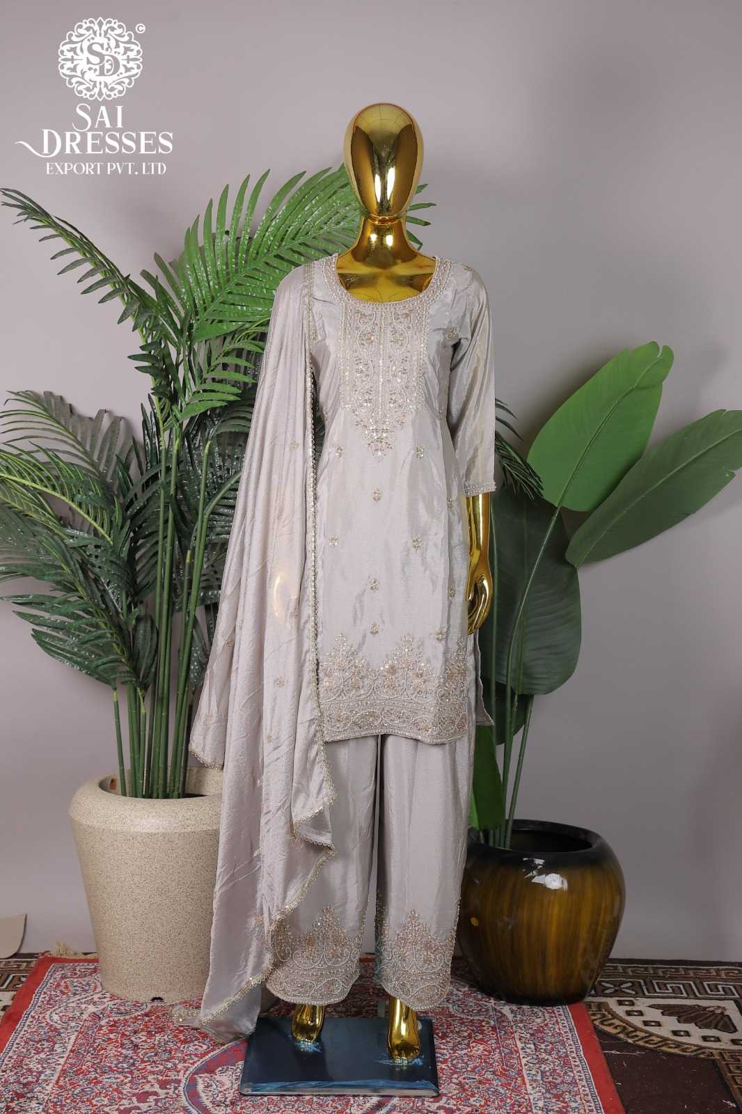 SILVER GREY HEAVY WORK SUIT WITH MATCHING DUPATTA AND PLAZZO SET
