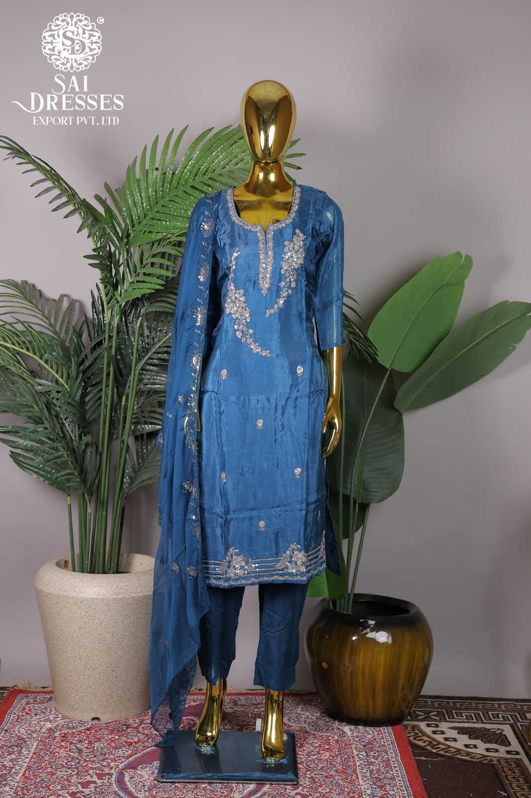 STEEL BLUE SUIT WITH WORK AND MATCHING DUPATTA PANT SET